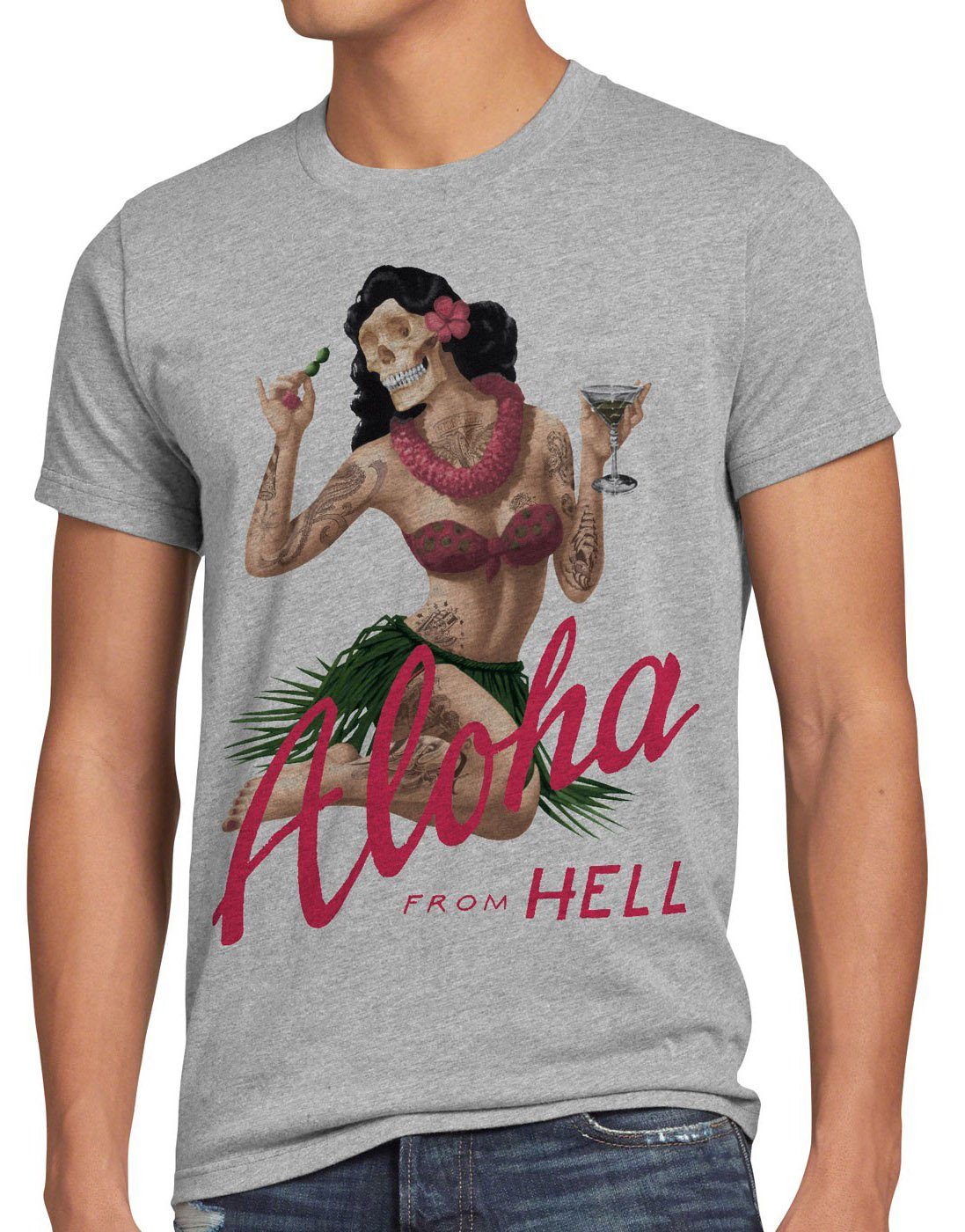 style3 Print-Shirt Herren T-Shirt Aloha from Hell tattoo hawaii surfer usa tätowiert punk rock tiki grau meliert