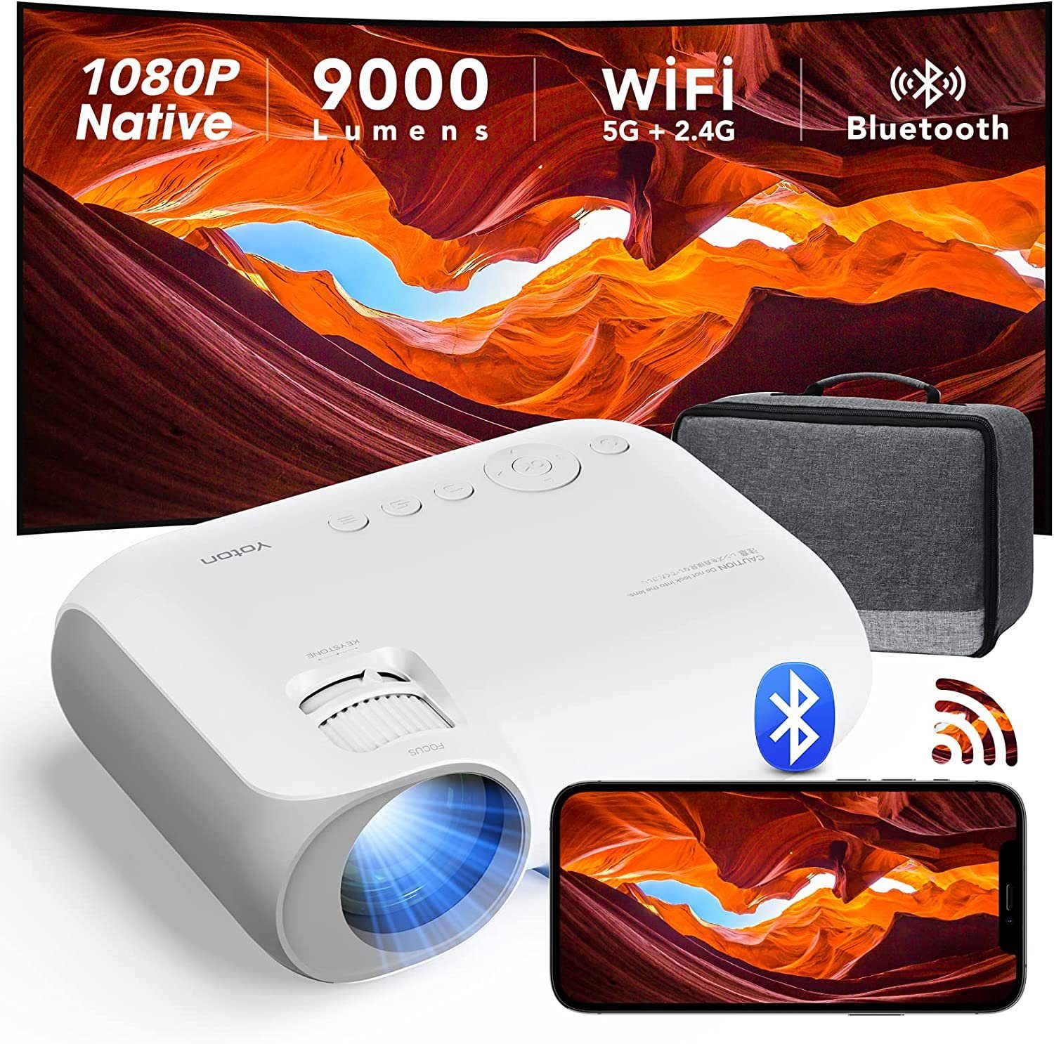 lm, (9000:1, Yoton 9000 px, LCD-Beamer WiFi, 5G Tragbare Tasche) Unterstützt, 4K mit 1920x1080 5.2 Bluetooth,