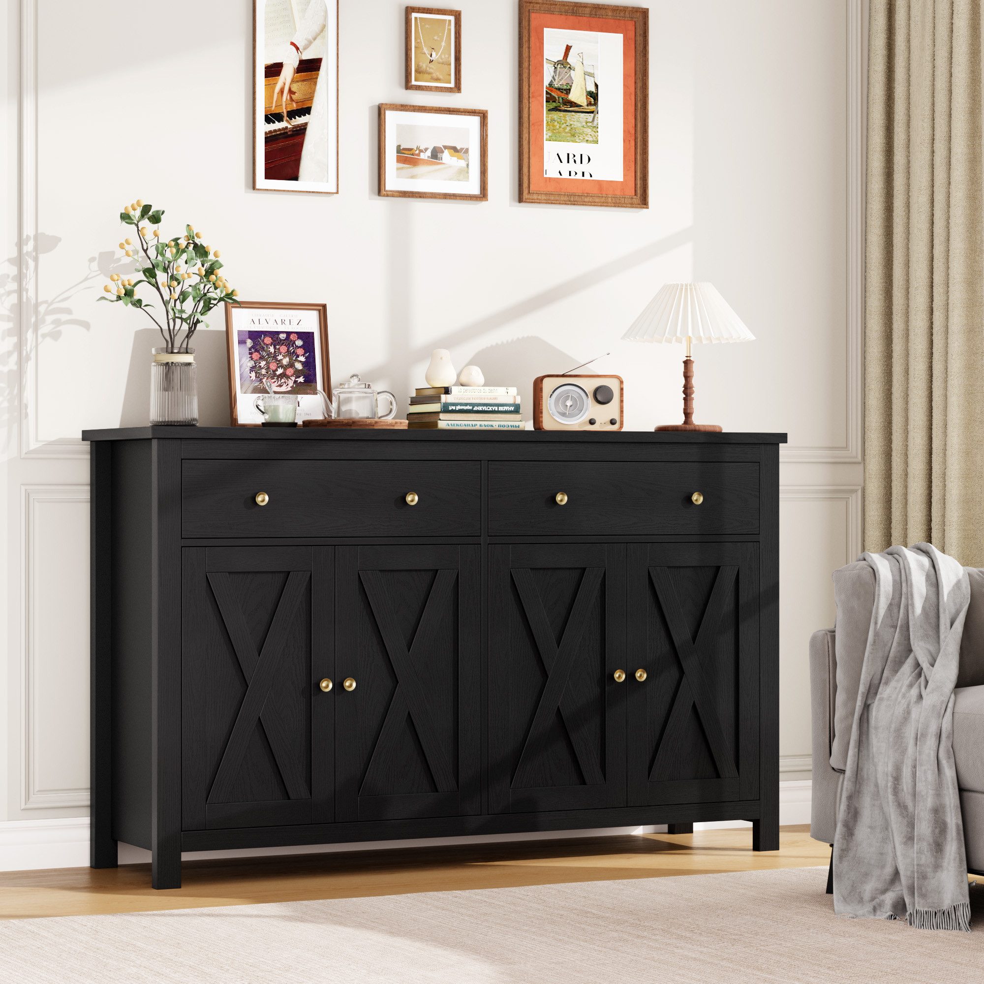 Homfa Sideboard für Küche 140cm Breit, Küchenschrank Buffetschrank 2 Schubladen 4 Türen 140x40x89cm schwarz – Bild 5 von 5