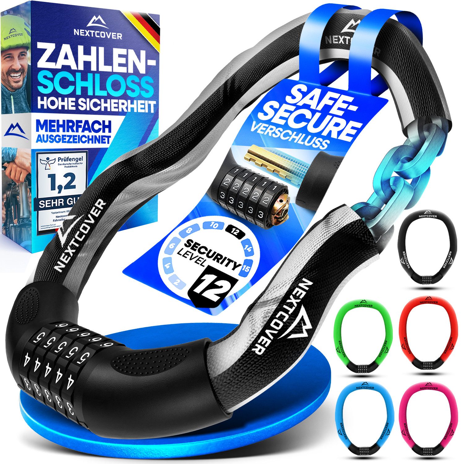 Nextcover Kettenschloss Fahrradschloss mit Zahlencode - Sicherheitsverschluss