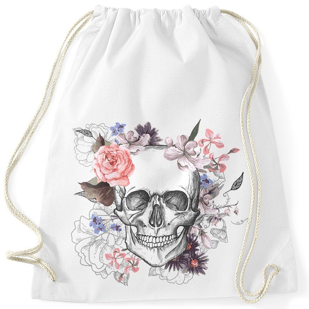 Blumen Turnbeutel Autiga Schädel Boho Flower Skull Turnbeutel Autiga® Baumwolle Totenkopf Gymsac