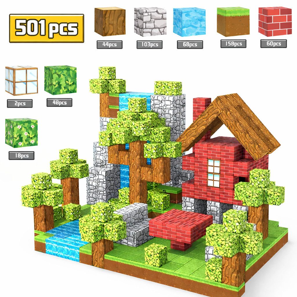 Goldstern-Tech Dream World Magnetspielbausteine, (Bauset, Thembausteine, 501 St., Magnetisches Würfel-Bausystem mit erweiterbarer Bausteinanzahl)