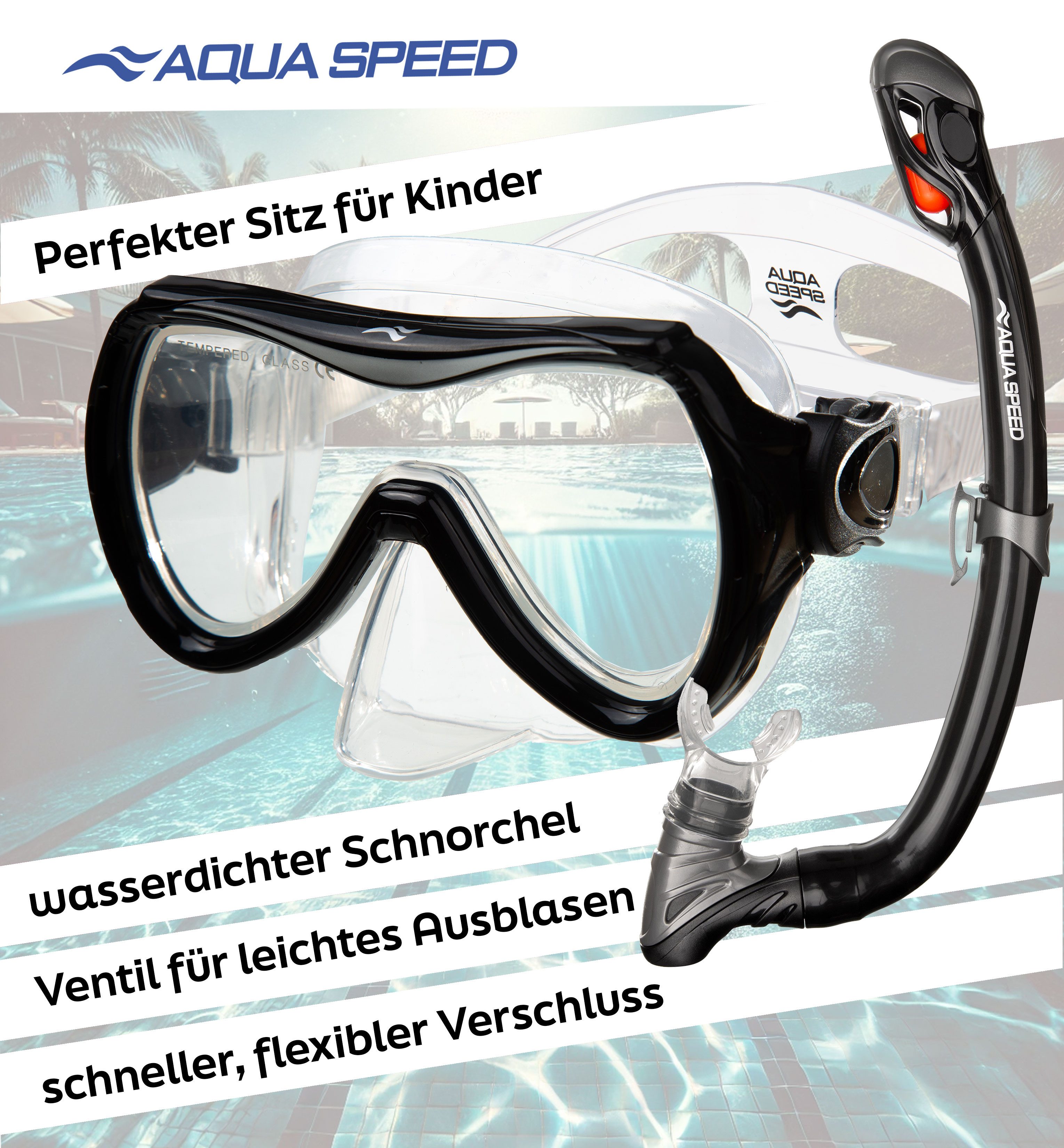 Aqua Speed Schnorchel Schnorchelset ALIZE + SAMOS Tauchmaske für Kinder, mit Netzbeutel (Kinderschnorchelset mit Maske und Schnorchel im Netzbeutel), EASY-ADJUST Kopfband für sicheren und bequemen Sitz