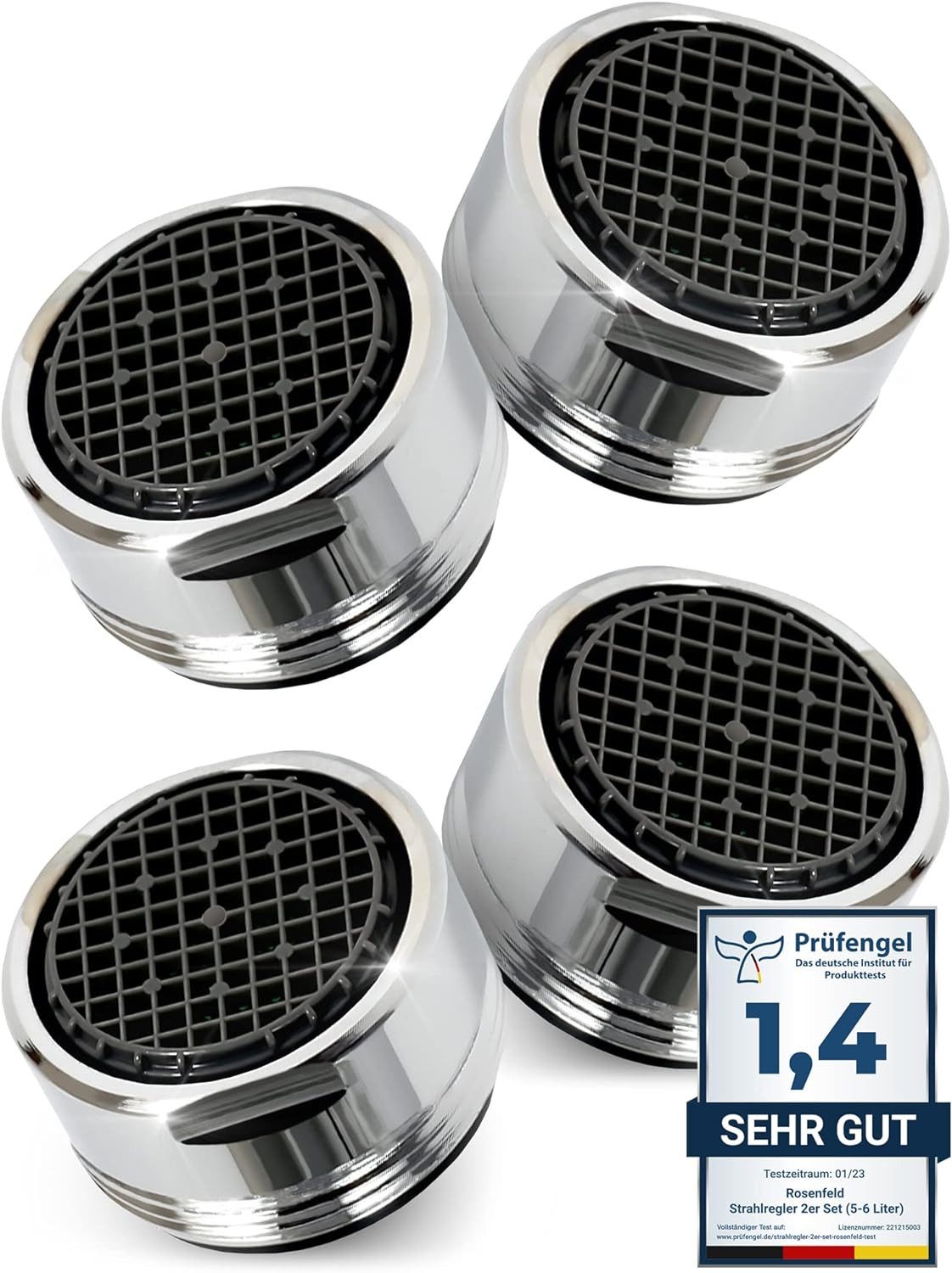 M. Rosenfeld Strahlregler Sehr Wassersparend - M24 Wasserfluss 5l/min -, (High Tech Anti Kalk Wasserhahn Sieb mit Kugelförmige Filter, 4-tlg., Luftsprudler aus Verchromten Messing), - Aufsatz Strahlregler für Wasserhähne