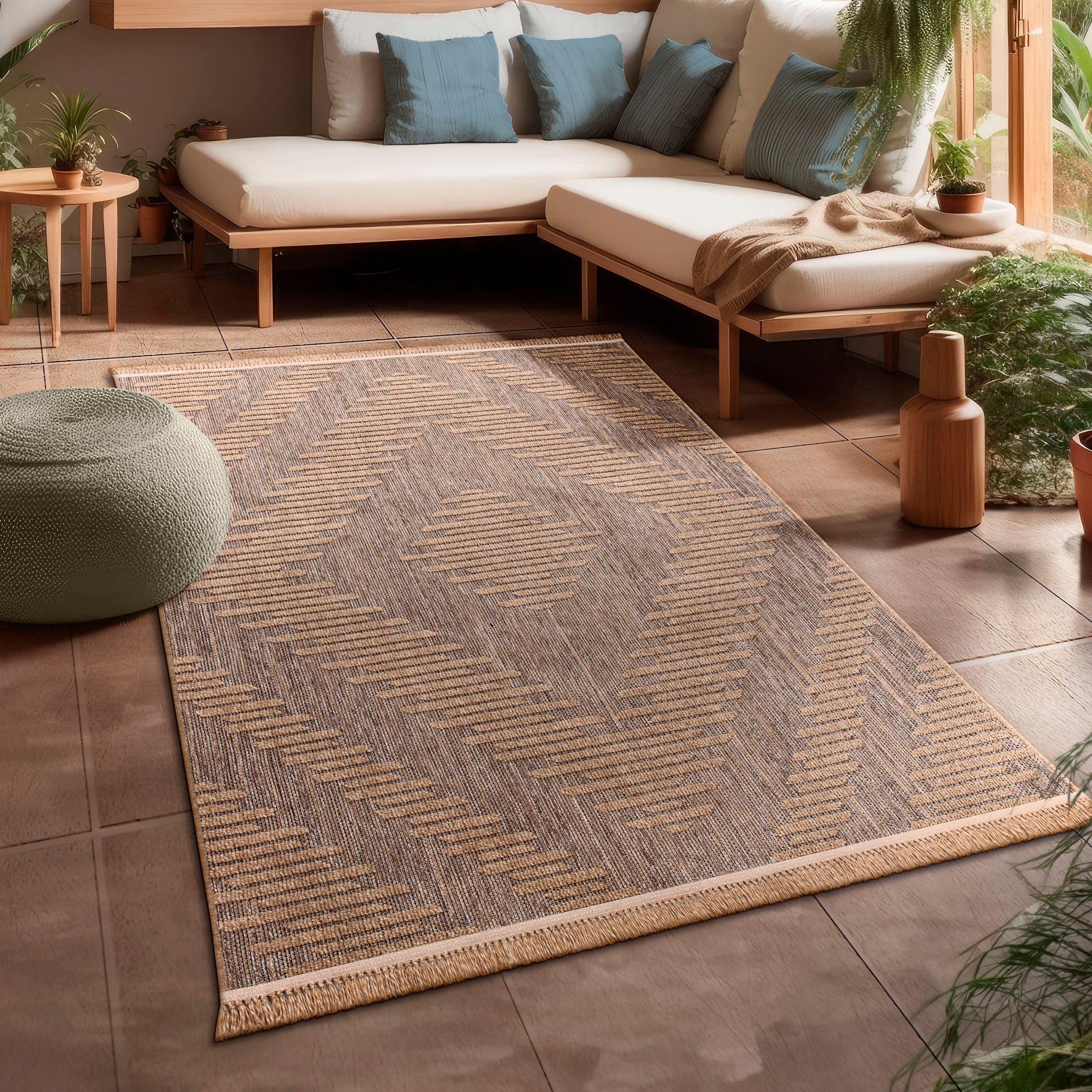 Paco Home Teppich Cologne 494, rechteckig, Höhe: 11 mm, Flachgewebe, meliert, Rauten Motiv, mit Fransen, Outdoor geeignet