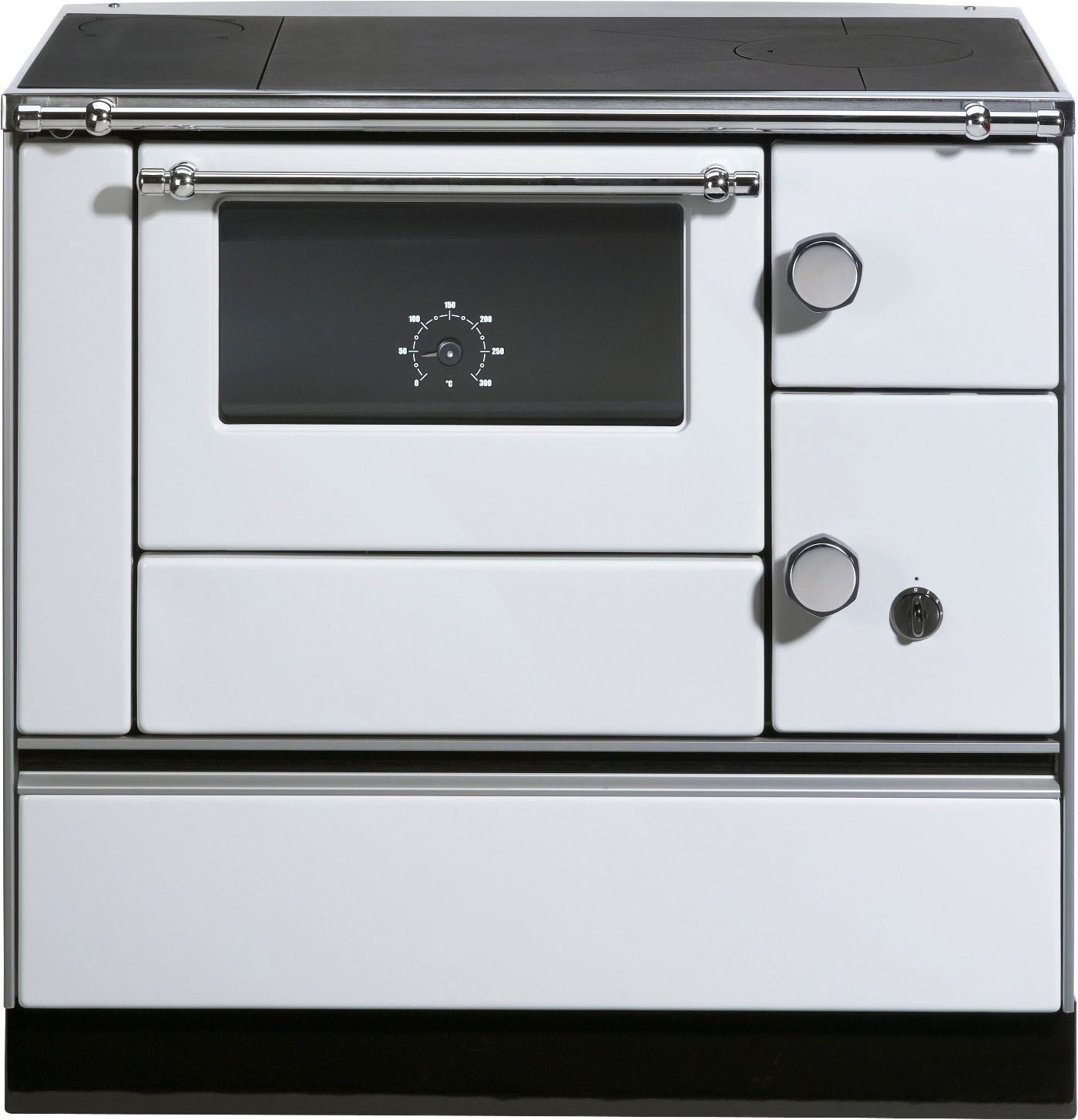 WESTMINSTER Festbrennstoffherd K76-90 weiss, links, 7,3 kW, Zeitbrand