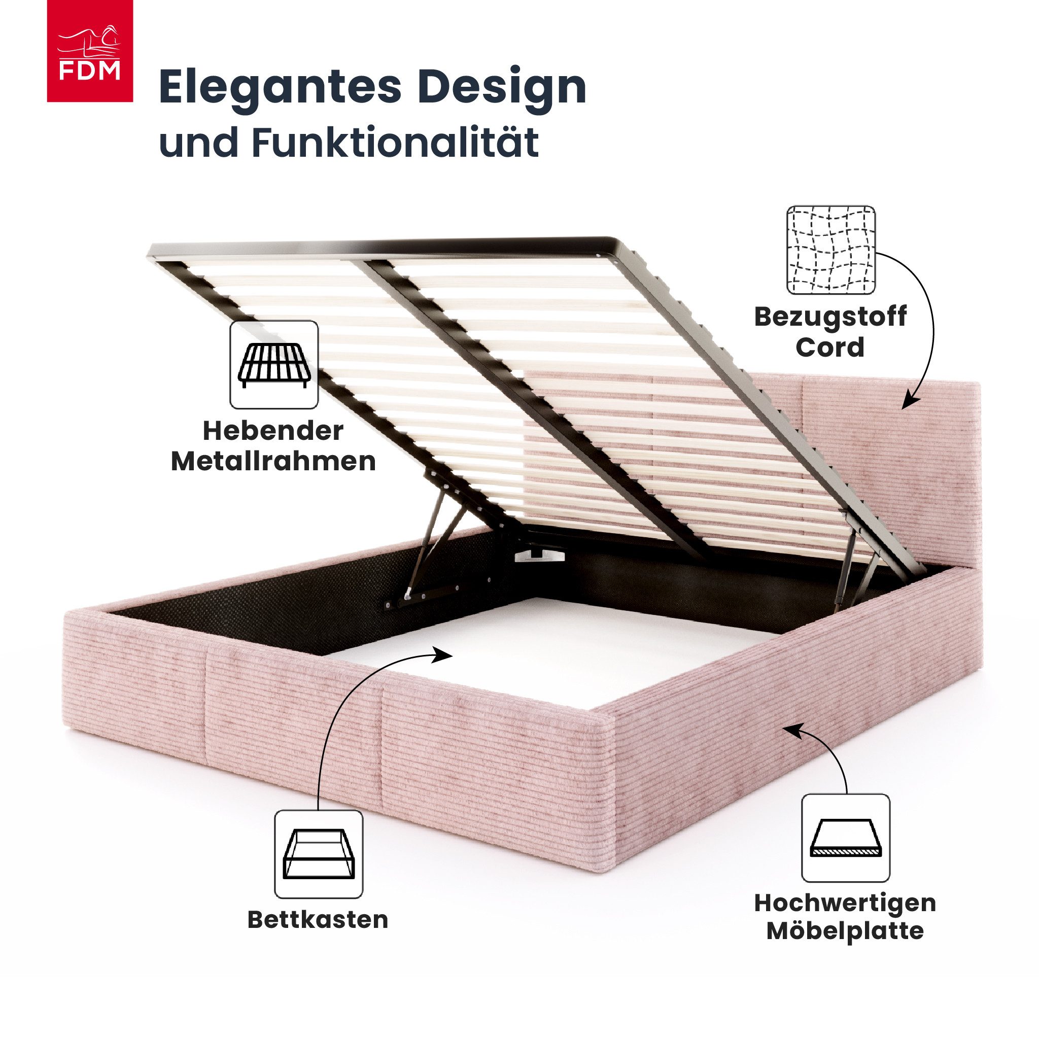 FDM Polsterbett AMBER modern mit Bettkasten MADE IN EU - mit Cord Bezug (verfügbar 90x200 120x200 140x200 160x200 180x200cm, Bettrahmen, Bett, mit großen gepolsterten Kopfteil, mit Bettkasten zum aufklappen), Hebbarer Metallrahmen, Bettkasten, mit/ohne Matratze