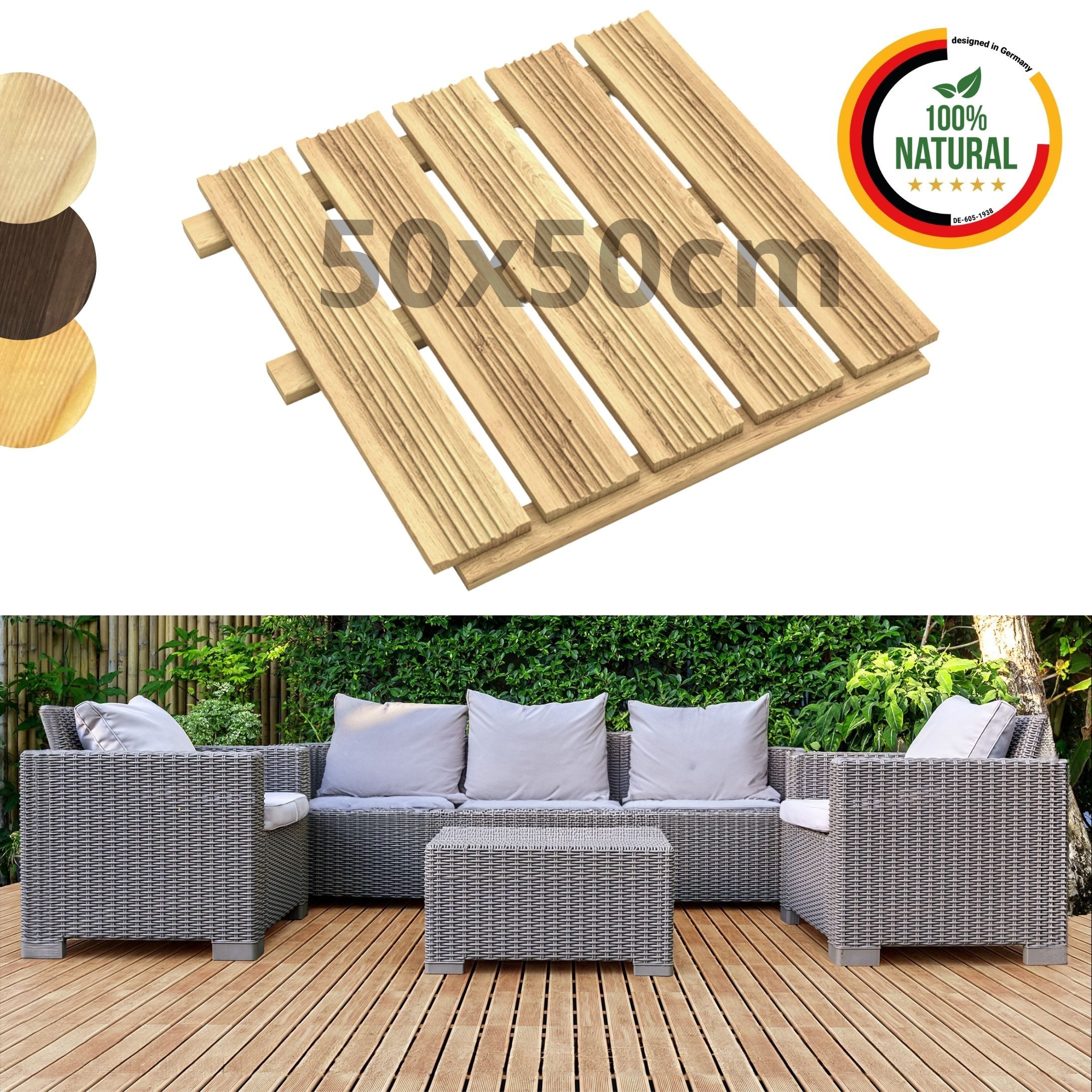 Floranica Trittsteine Holzfliese Terrassenfliese Massives Lärchenholz Balkonfliesen, 50x50 cm, Unbehandelt, 1-St., Fein Geriffelt Bodenbelag mit Drainage Balkon-Bodenbelag für Outdoor