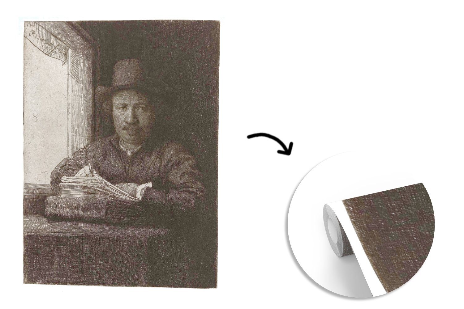 St), Küche, für Rembrandt, MuchoWow neben Wohnzimmer einem Fototapete - Selbstbildnis Fototapete (3 Rembrandt, bedruckt, Vliestapete Fenster Schlafzimmer Radierung von Matt,