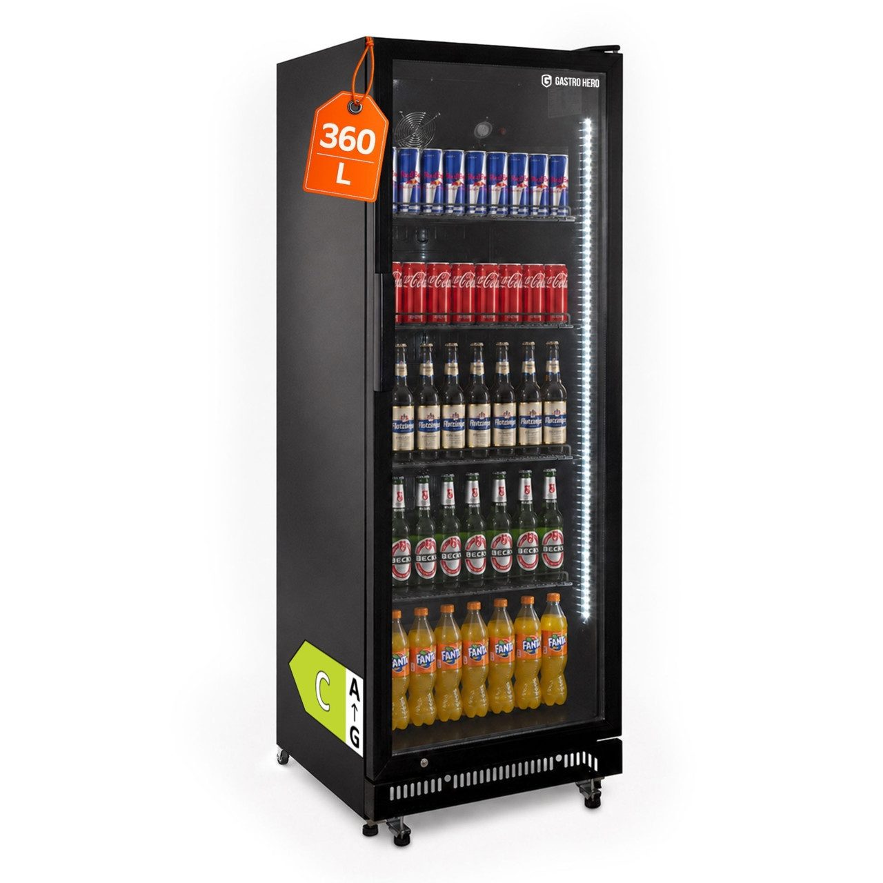 GastroHero Getränkekühlschrank Flaschenkühlschrank 360 L, Glastür & LED, abschließbar schwarz GKS-360, 175.6 cm hoch, 62 cm breit, selbstschließender Isolierglastür, schwarz