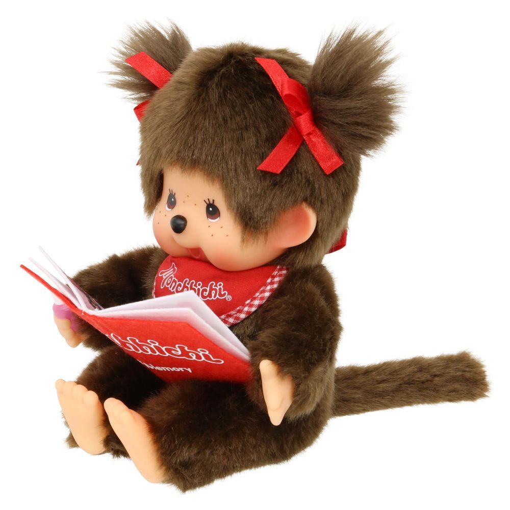 Monchhichi Plüschfigur Mädchen mit Buch 20 cm Monchhichi Puppe Original rotes Lätzchen
