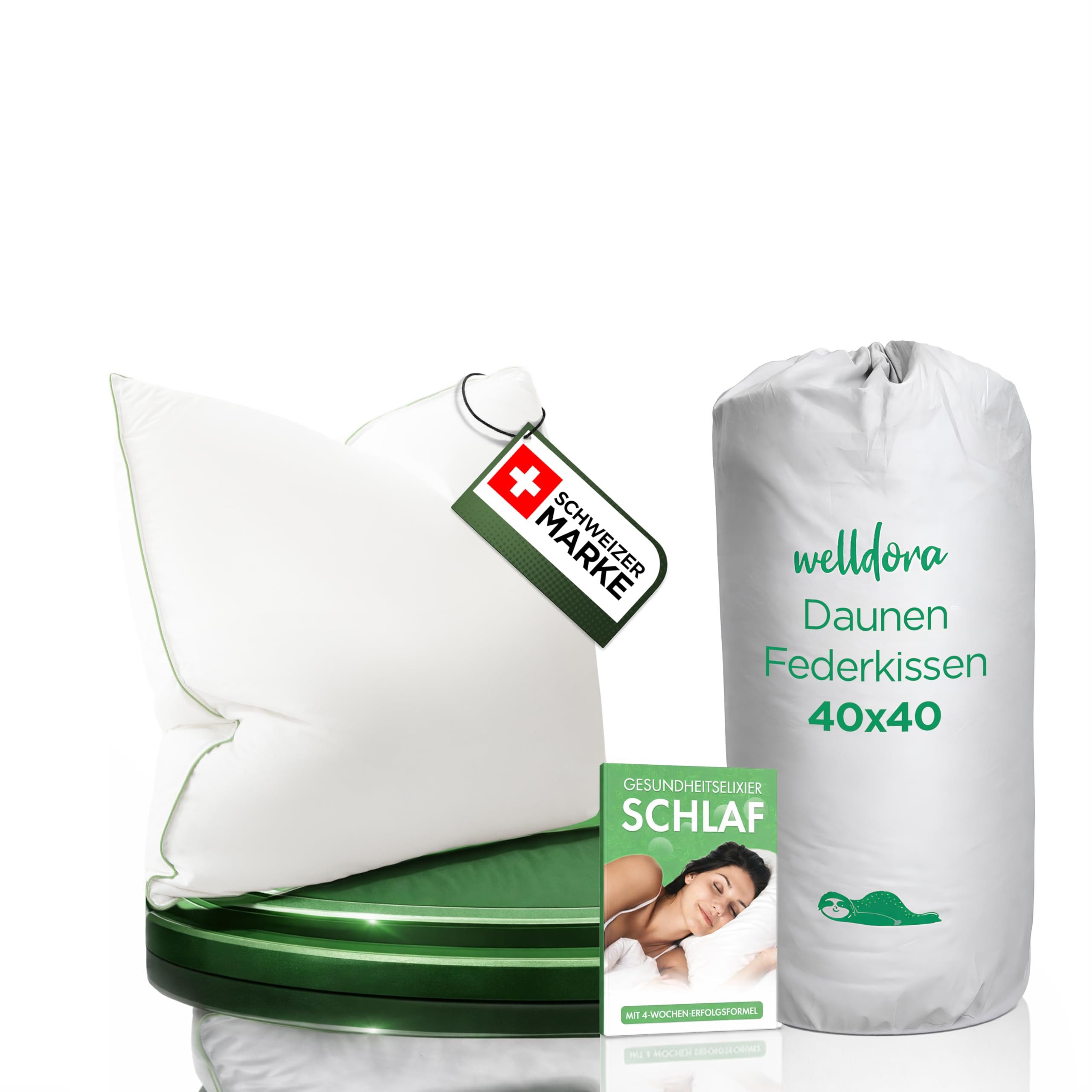 Welldora 3-Kammer-Kopfkissen Premium Kopfkissen, Ergonomisch optimiertes Nackenstützkissen, Füllung: Daunenfasern & Federn, Mittelfestes Kissen fachärztlich geprüft, 40 x 40 cm