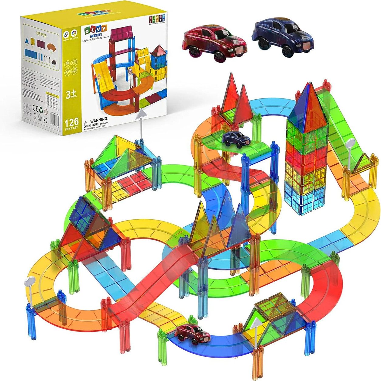 Olvy Magnetspielbausteine, (Autos & Straße), Montessori Spielzeug für Kinder ab 3 Jahren, abgerundete Kanten