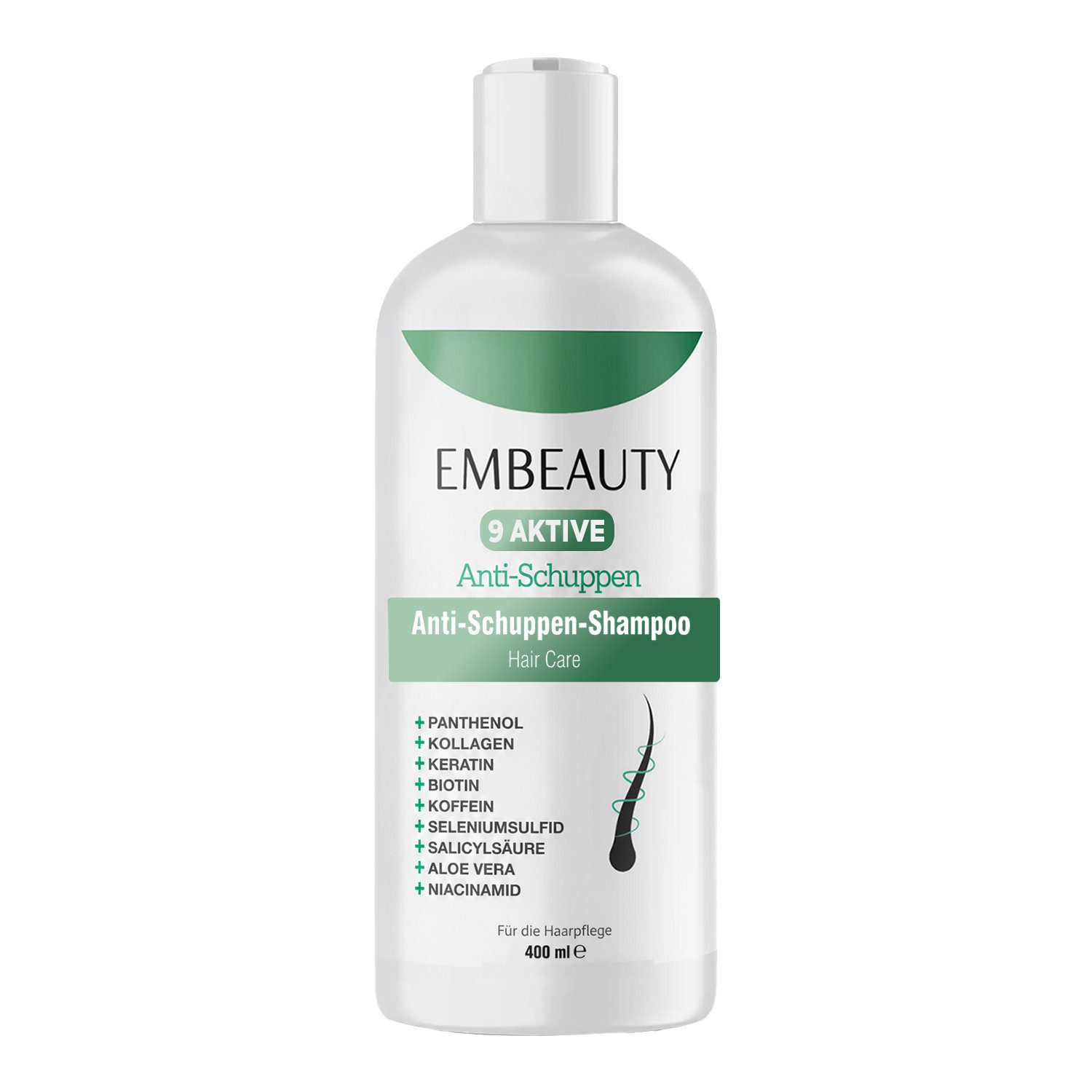 EMBEAUTY Haarshampoo Anti-Schuppen Shampoo – 9 Aktivstoffe, Sulfatfrei, 400 ml, Sulfatfreies Anti-Schuppen Shampoo – 400 ml