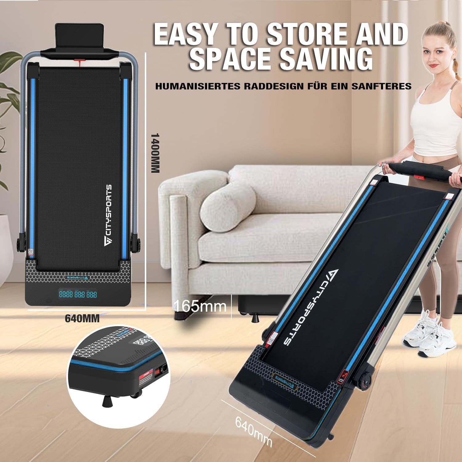 CITYSPORTS Laufband WP3S Klappbares Laufband für Zuhause 1400W Walking/Jogging Pad (Tool kits,Schmiermittel), 1-12km/h Max.Tragfähigkeit 120 kg, Bluetooth APP-Funktion