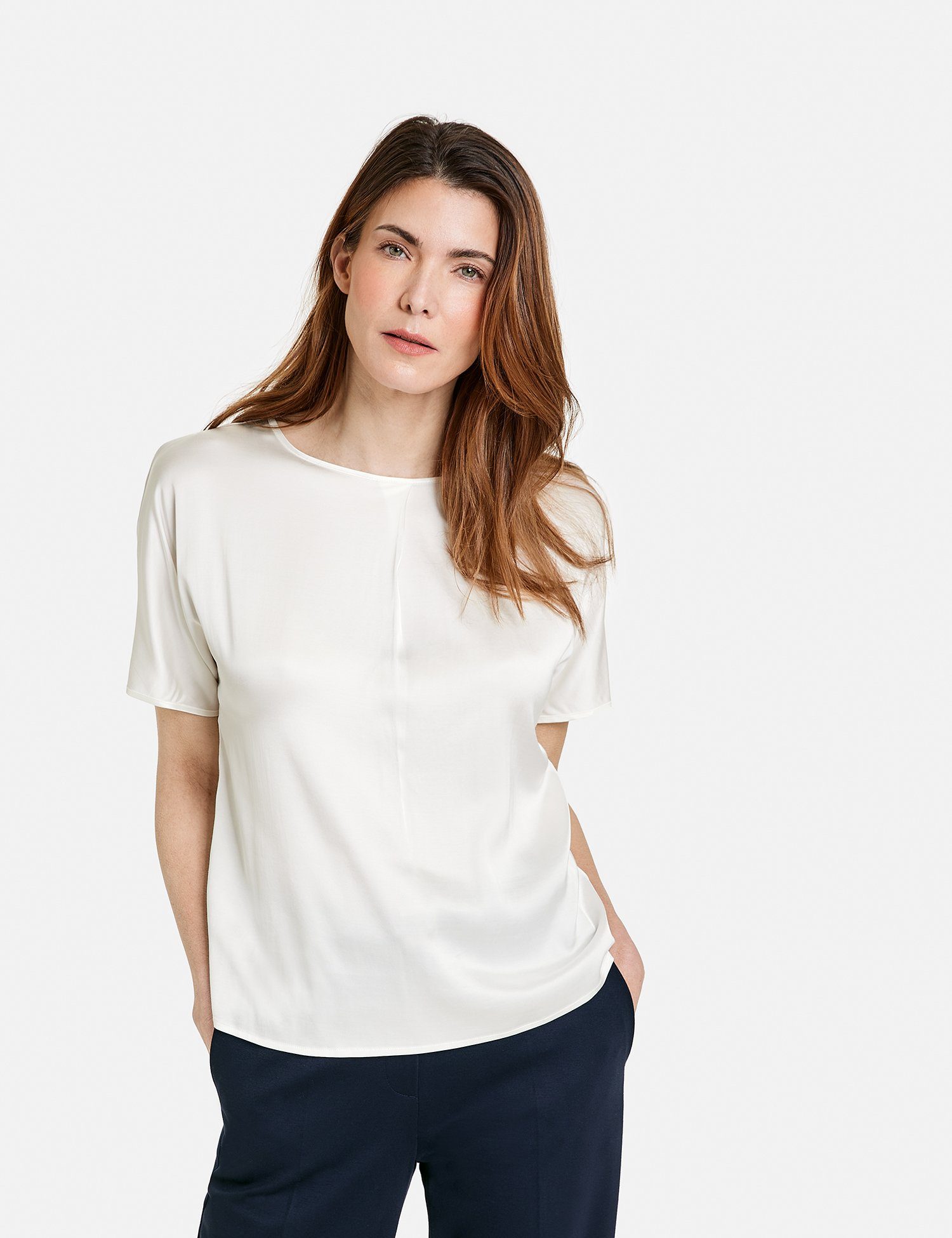Kurzarmshirt Blusenshirt WEBER Off-white gelegter Ausschnitt mit Falte GERRY am