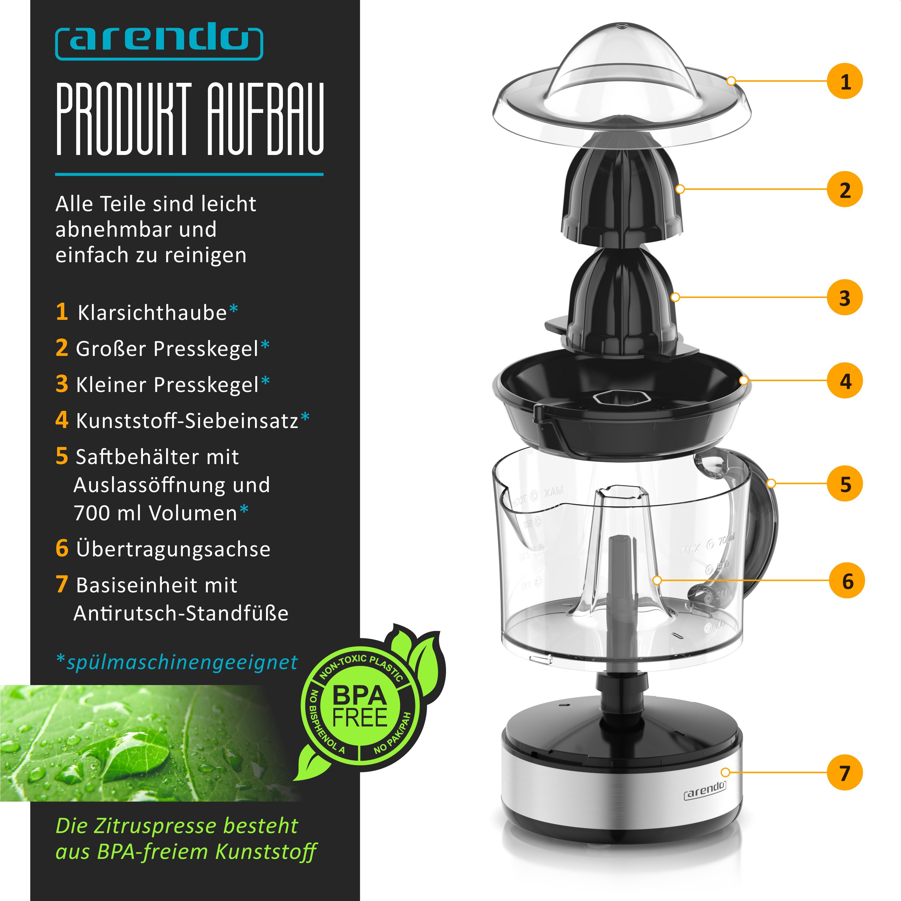 Arendo Entsafter Automatische Zitruspresse, 2 Presskegel, BPA-frei, zwei Drehrichtungen, 40 W, 700ml Behälter, anpassbare Siebgröße, Aromadeckel, spülmaschinenfest