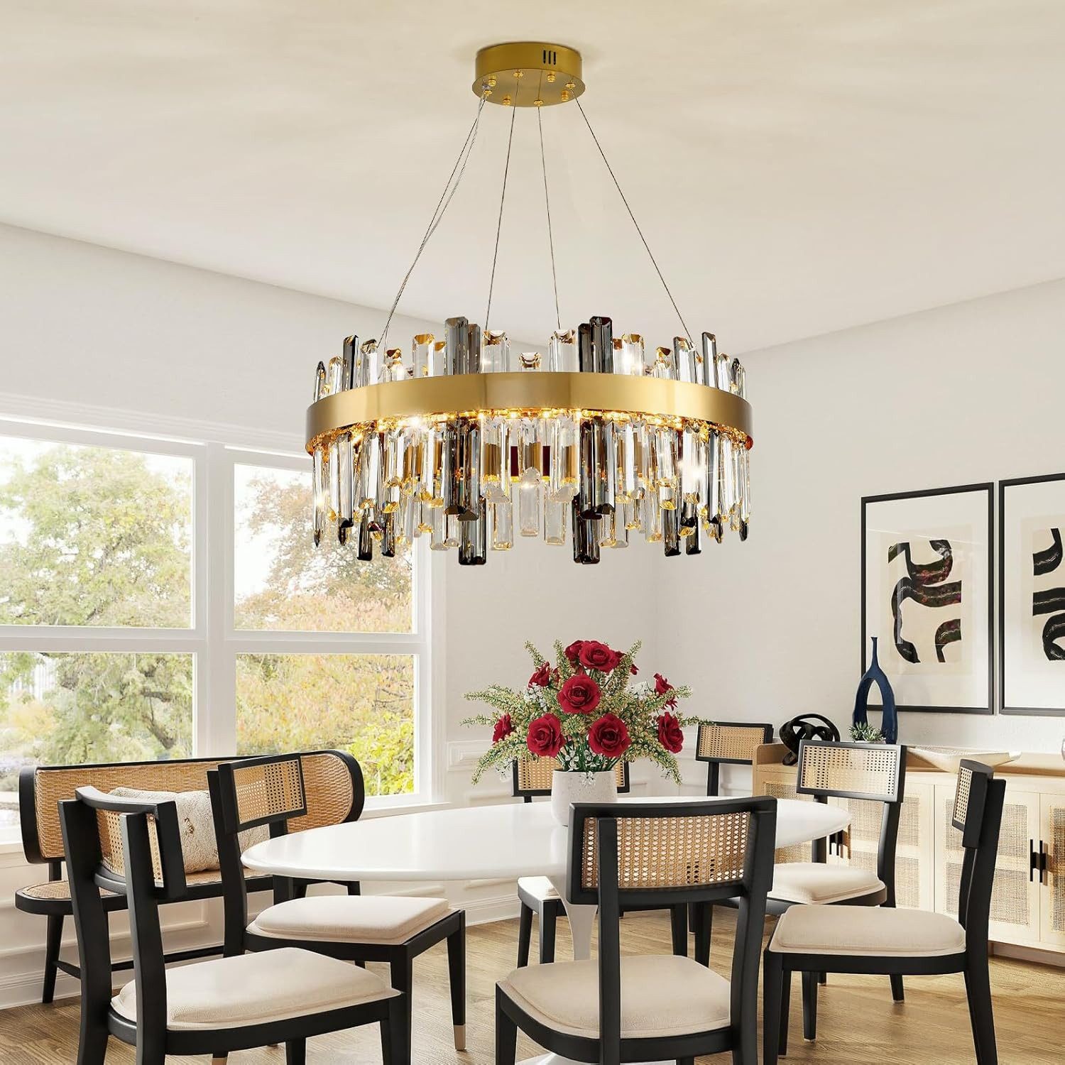 RRBEST Kronleuchter Modern Kronleuchter Kristall Leuchte, Dimmbar Rund Hängeleuchte, Kristall Lampe, LED Pendelleuchte Gold Lichtfarbe Einstellbar