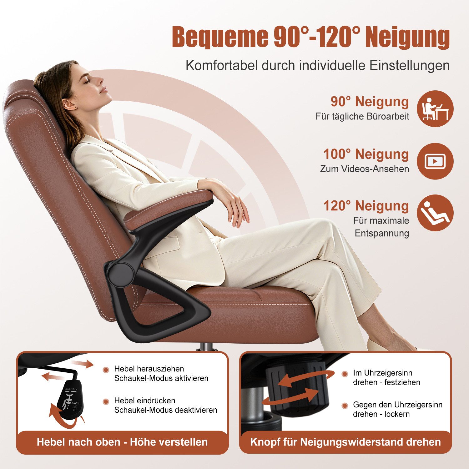 Homimaster Bürostuhl Ergonomischer Bürostuhl mit 90° Klapparmlehnen (Verstellbare Rückenlehne & hoher Sitzkomfort, Schreibtischstuhl mit 90-120° Neigungsfunktio – Bild 3 von 5
