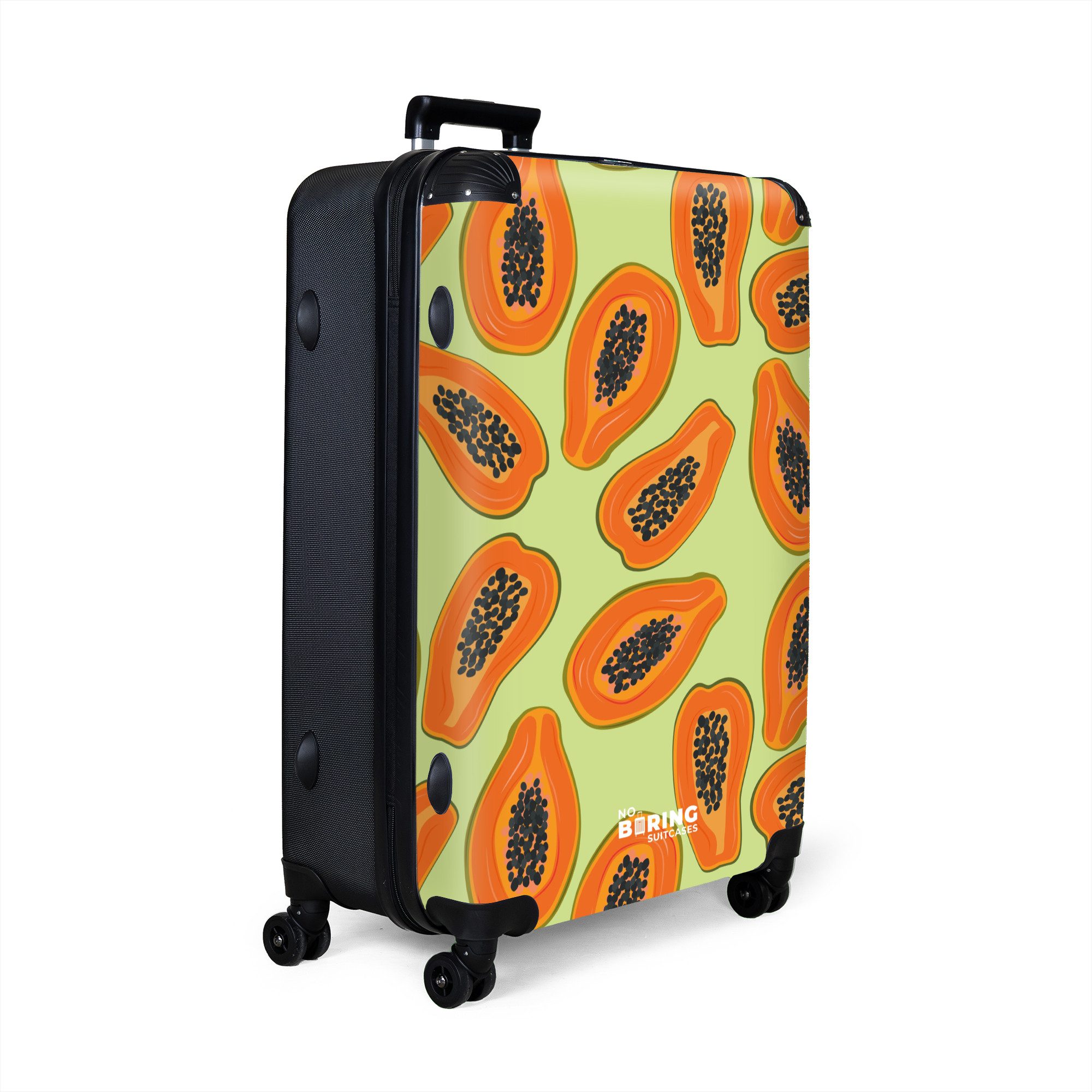 NoBoringSuitcases.com© Hartschalen-Trolley Grün mit orangefarbener Papaya günstig online kaufen