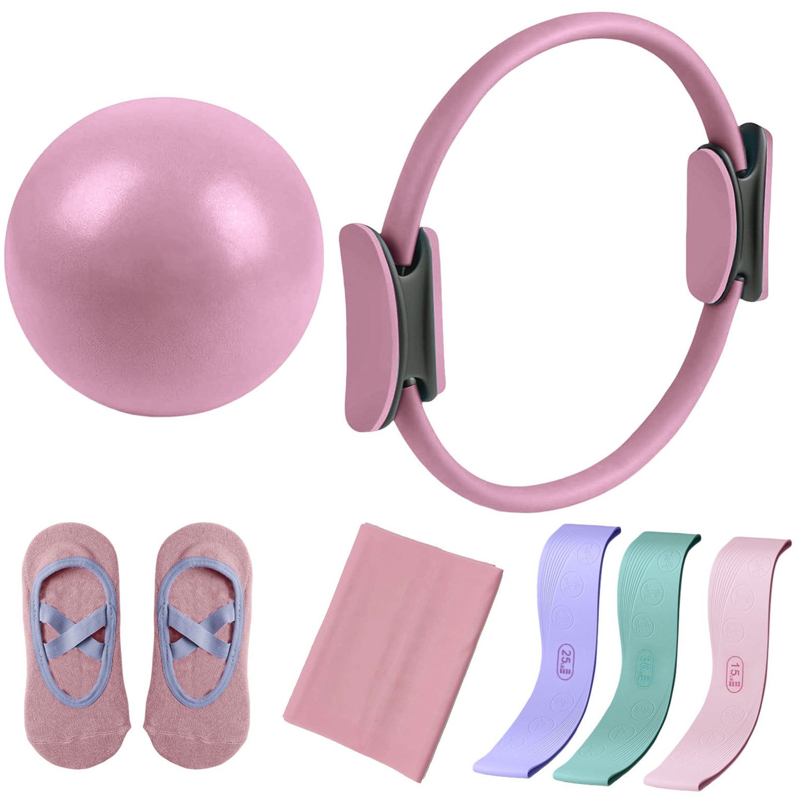 AIMAX Pilates-Ring Pilates Ring Set 7-teilig mit Ball, Fitnessbändern & Pilates Socken, Pilates Zubehör mit 38 cm Ring & 25 cm Ball für Yoga & Bauch Beine Po