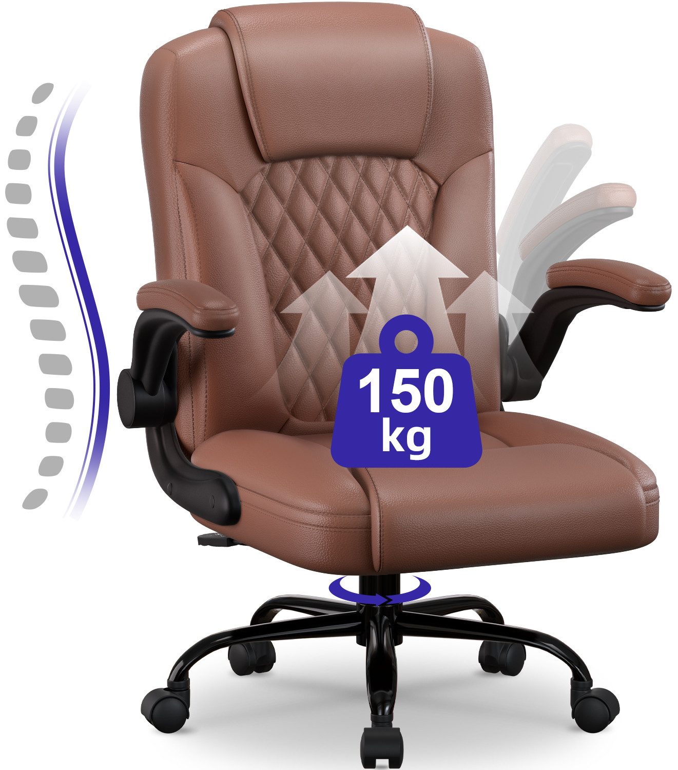 Fukstern Bürostuhl Ergonomischer Bürostuhl mit 90° klappbaren Armlehnen (Atmungsaktiver Mesh-Bezug, Rücken- und Taillenstütze, Neigung fixierbar bei 90° (maximal kippbar bis 120), bis 150 kg belastbar