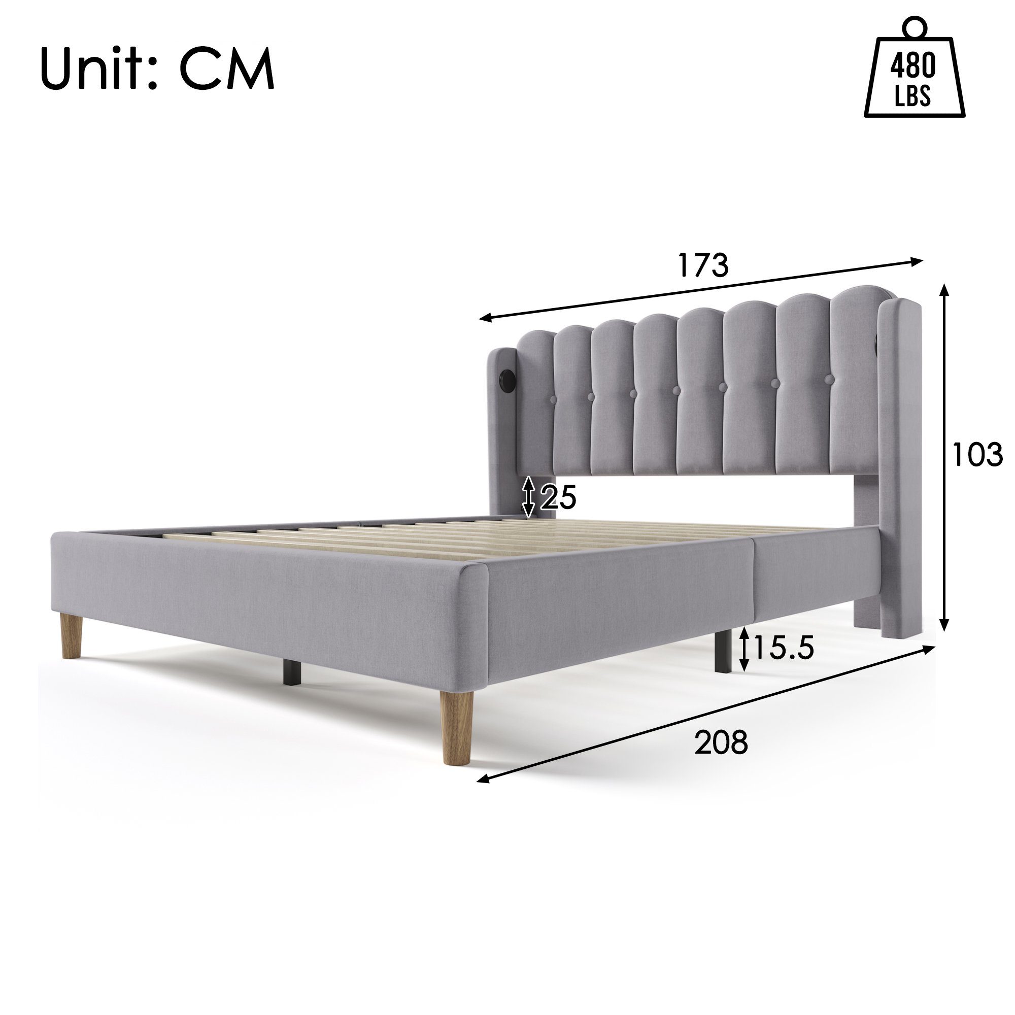 Polsterbett, Doppelbett mit USB Typ C Ladefunktion, 160x200 cm, Leinen