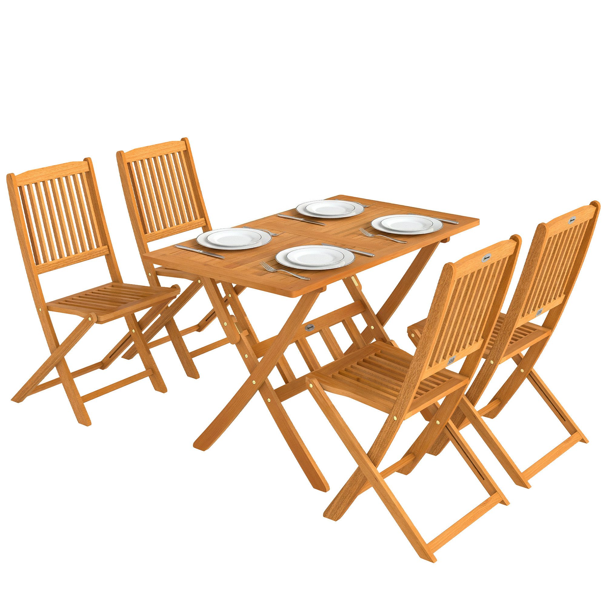 Outsunny Garten-Essgruppe mit 4 Klappstühlen, Lamellendesign, (Sitzgruppe, 5-tlg., Gartenmöbel Set), für Garten Balkon Naturholz