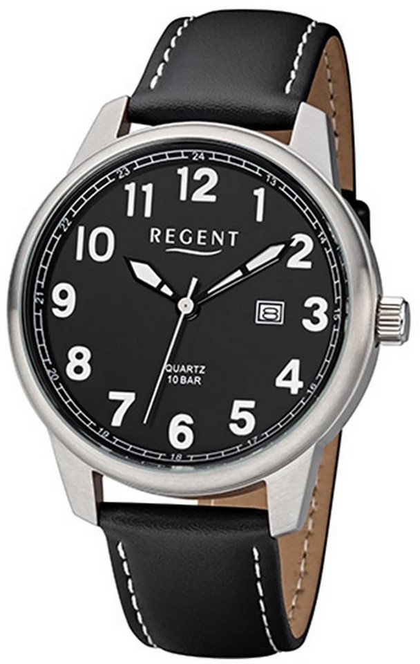 Regent Quarzuhr Regent Herren Uhr F-1238 Leder Quarz, Herren Armbanduhr  rund, groß (ca. 41mm), Edelstahl, Elegant