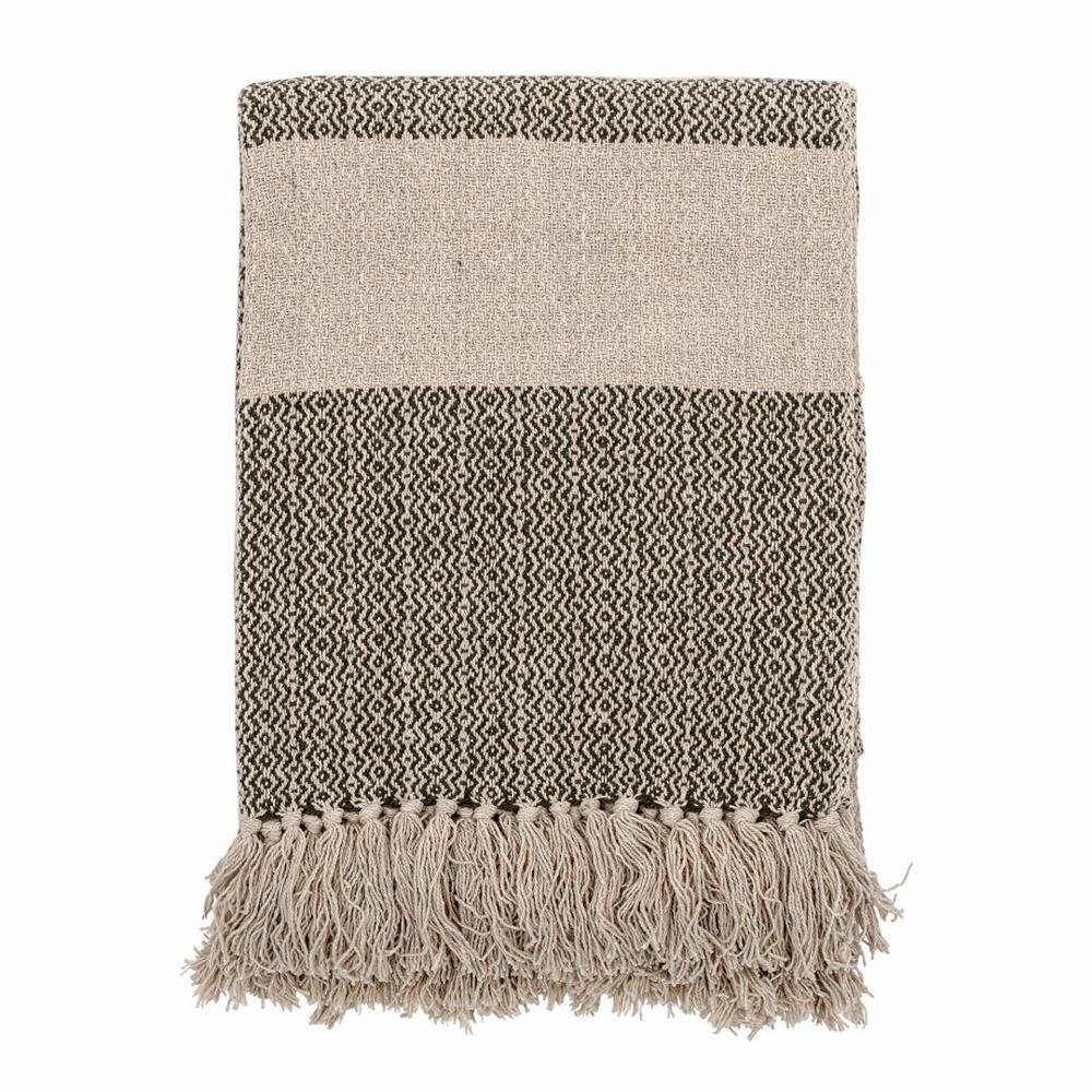 Bloomingville Tagesdecke Fidan Throw, Green, Recycled Cotton, Baumwolle, 160x130cm, Decke mit Fransen, Kuscheldecke, grün/natur