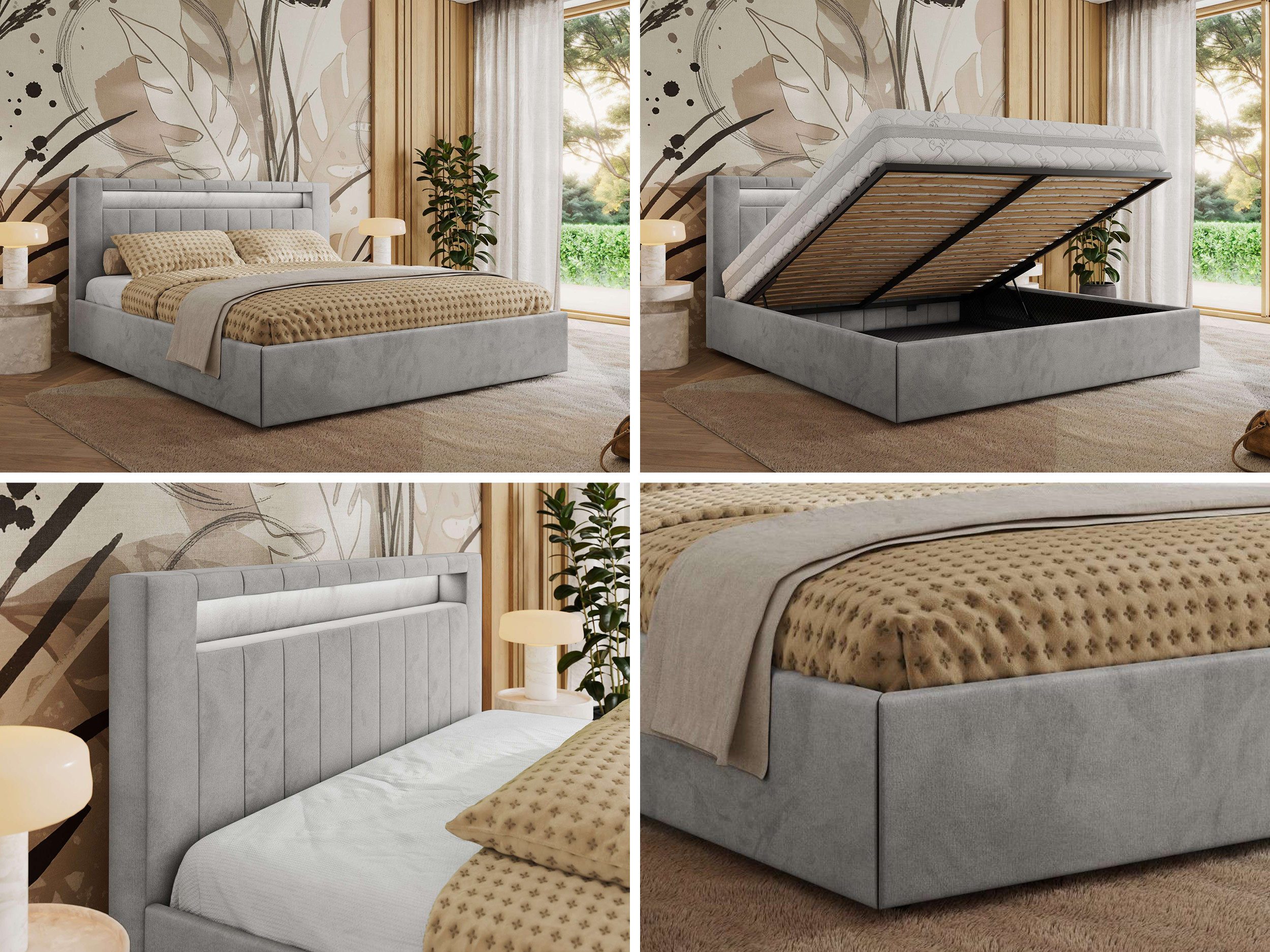 MKS MÖBEL Polsterbett GOLD 5 Classic (Bett, Bett mit Bettkasten & LED-Kopfteil), Lattenrost integriert, 140–200x200 cm