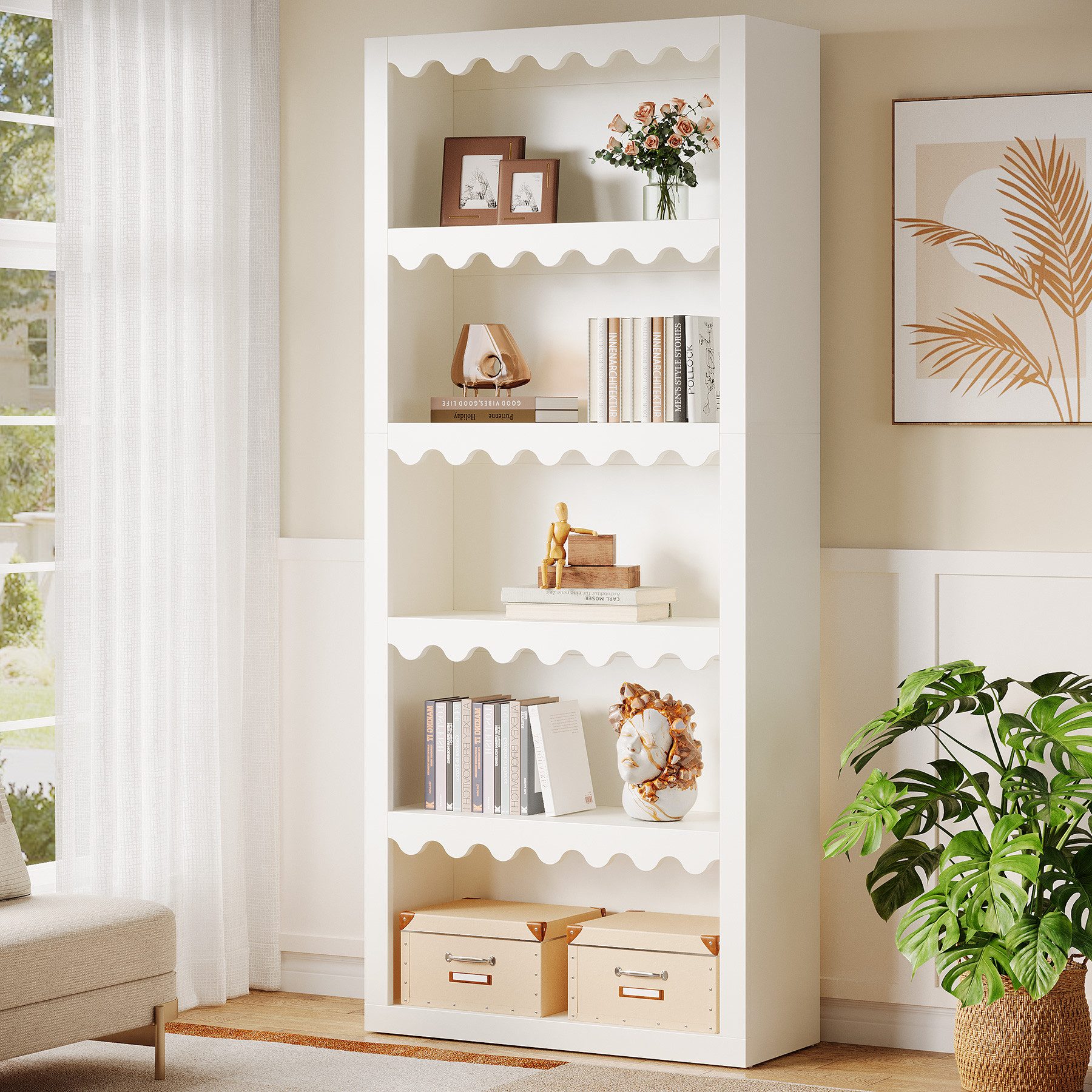 Tribesigns Bücherregal 180 cm hohes weißes Regal mit gewellten Kanten, 5 Ebenen, weiß