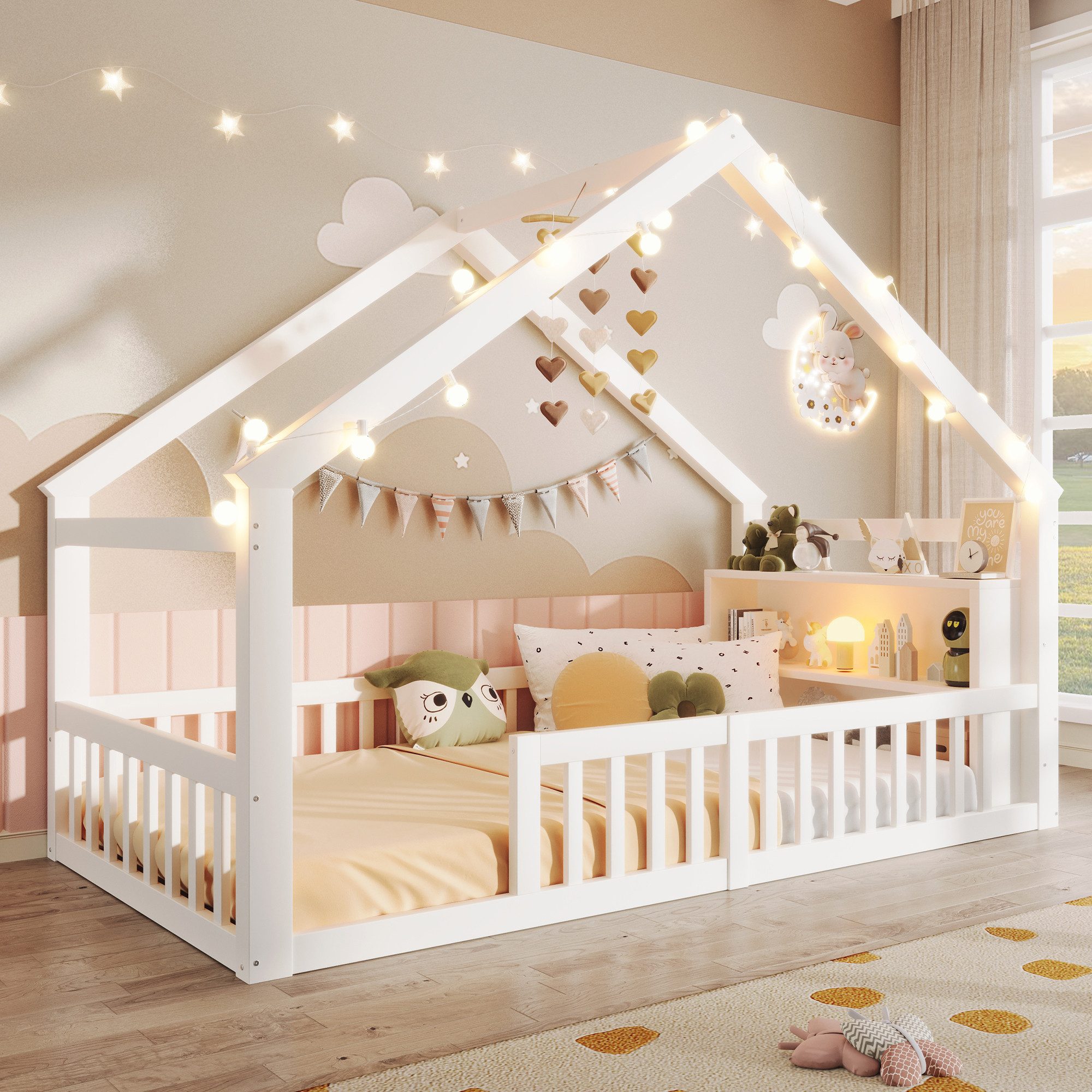 Merax Kinderbett in Hausform, Bodenbett mit integriertem Regal und Lampenleis (1-tlg), Kiefernholz Babybett Flachbett 90x190cm Hausbett mit Gitter & Ablage