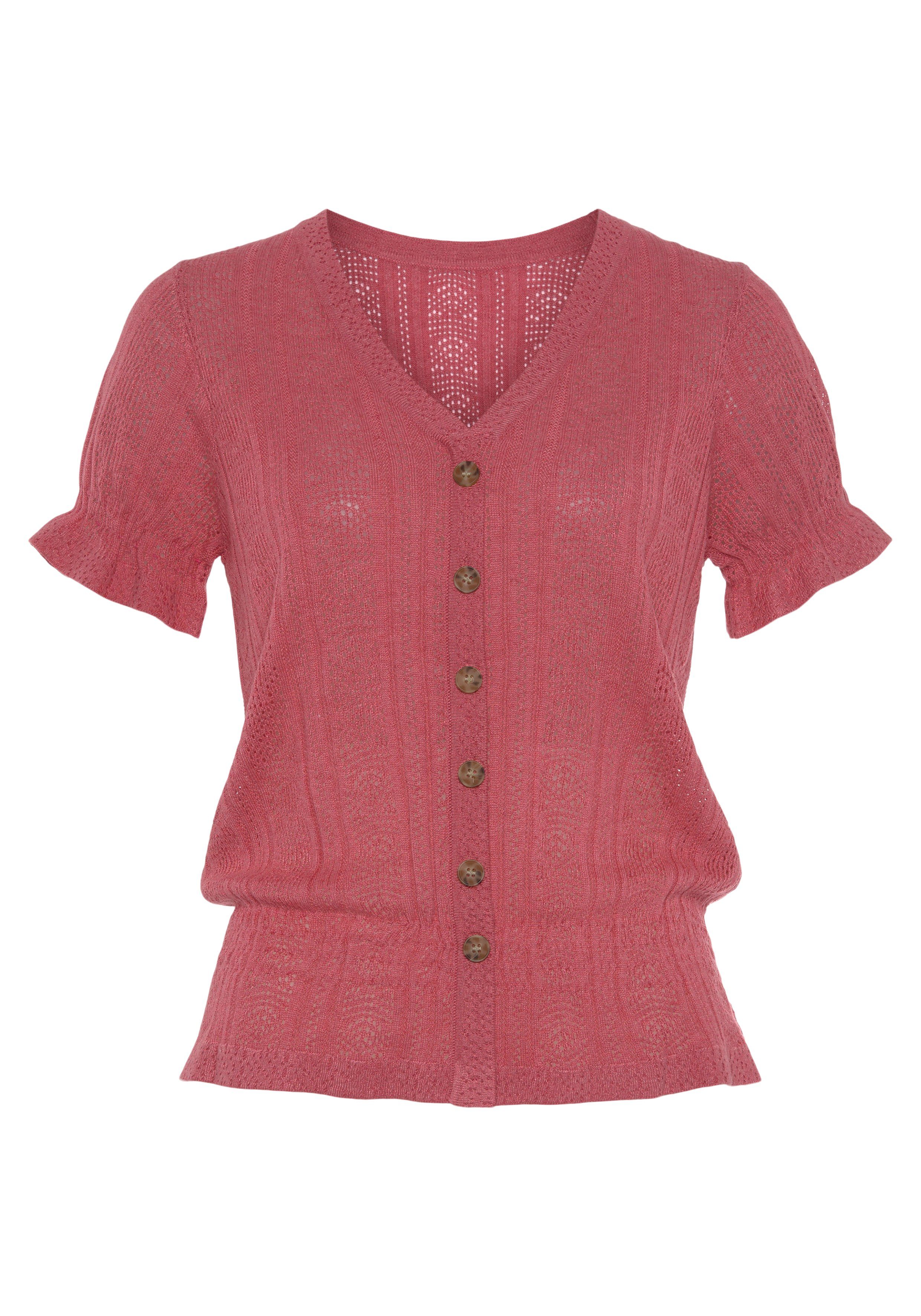 Vivance Kurzarmshirt mit Zierknopfleiste und Smok-Details günstig online kaufen