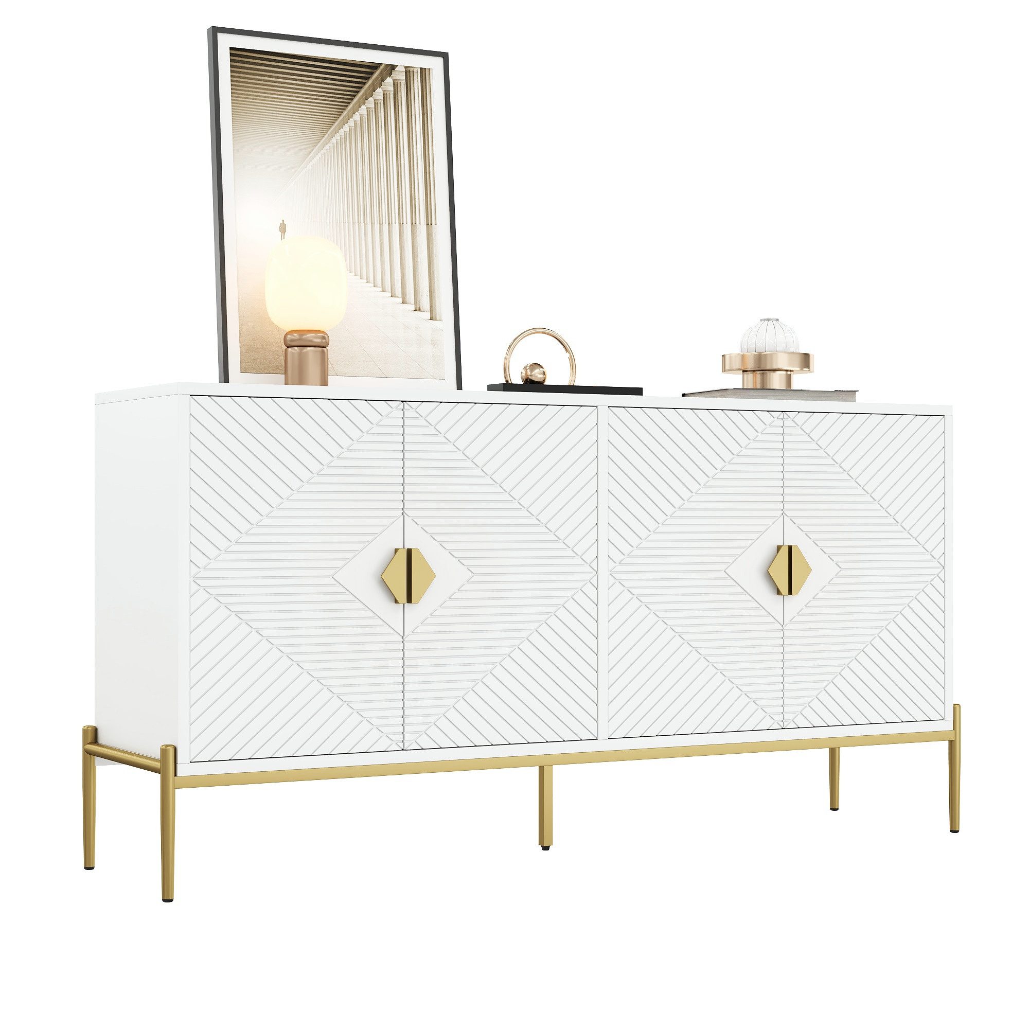 Refined Living Sideboard Sideboard 162 cm mit 3D-Front, 4 Türen & Stauraum (Sideboard in Schwarz oder Weiß, 162×40×80 cm, moderne 3D-Strukturfront, 4 Türen mit großem Stauraum, Einlegeböden, 1 St., ideal für Wohnzimmer, Esszimmer & Flur, Kommode, Flurschrank), goldfarbene Metallgriffe, Design-Metallbeine, vielseitig einsetzbar