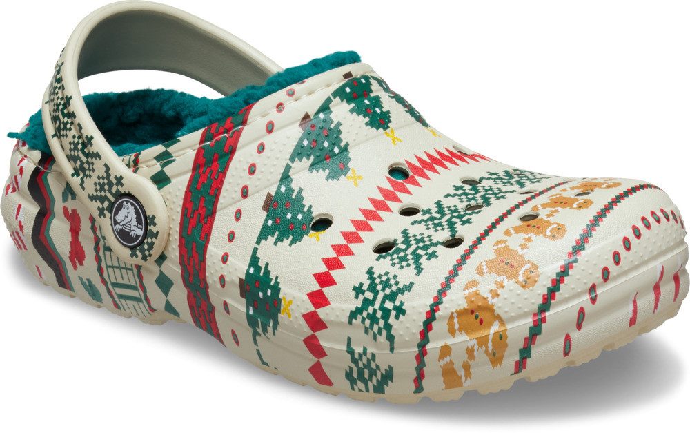 Crocs Classic Lined Isle Clog T Clog Weihnachtsschuh, Hausschuh mit buntem Festive Print