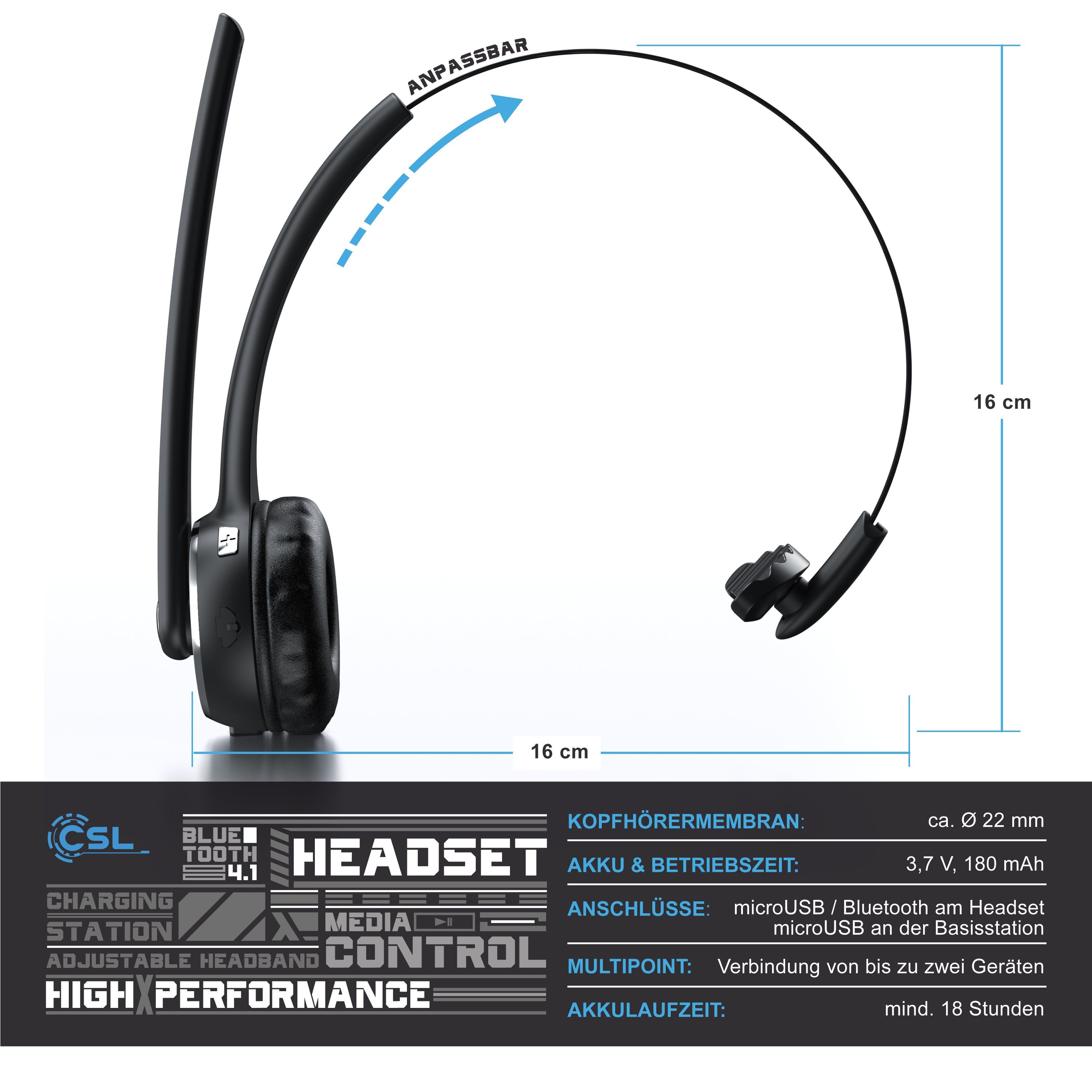 CSL Bluetooth 5.0 Kopfhörer mit Mikrofon & Ladestation Wireless-Headset (Bluetooth, Noise Cancel & Multipoint, kabellos für Auto, LKW und Computer)