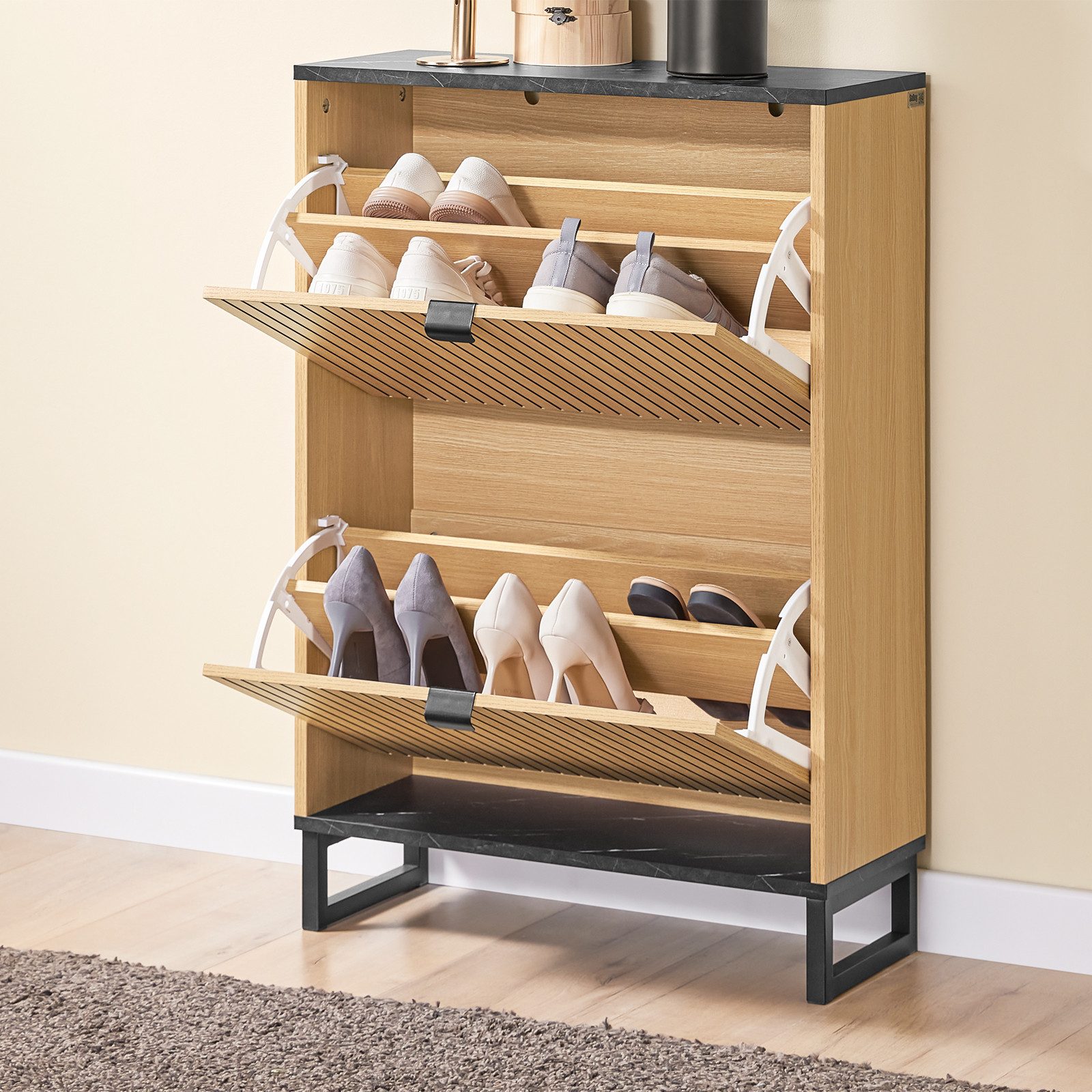 SoBuy Schuhkipper FSR202, Schuhschrank schmal, Schuhkommode Schuhkipper Flurschrank, Schuhregal, mit 2 Klappen, verstellbaren Böden, für 8-12 Paar Schuhe