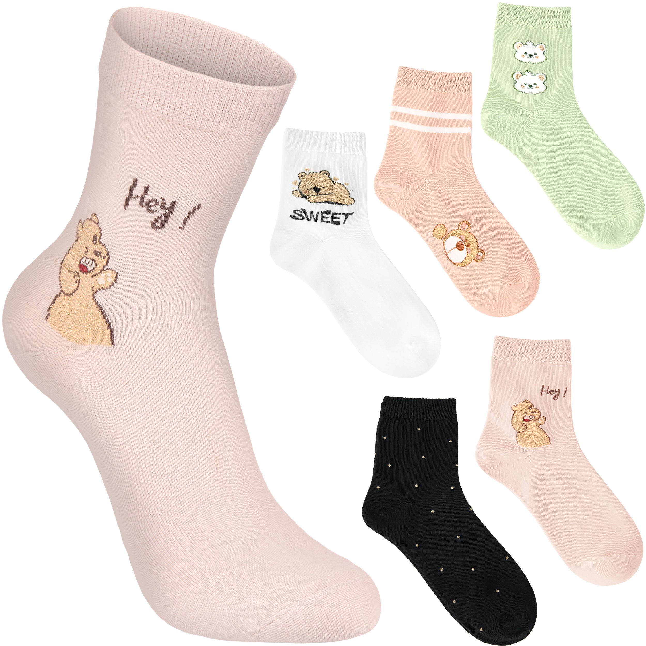 BRUBAKER Socken Lustige Damensocken - Sweet Teddy (Socken Geschenkset für Frauen, 5-Paar, Kuschelsocken mit süßen Bären) Weiche Sneakersocken für Damen in Mint, Rosa, Schwarz, Grau und Weiß