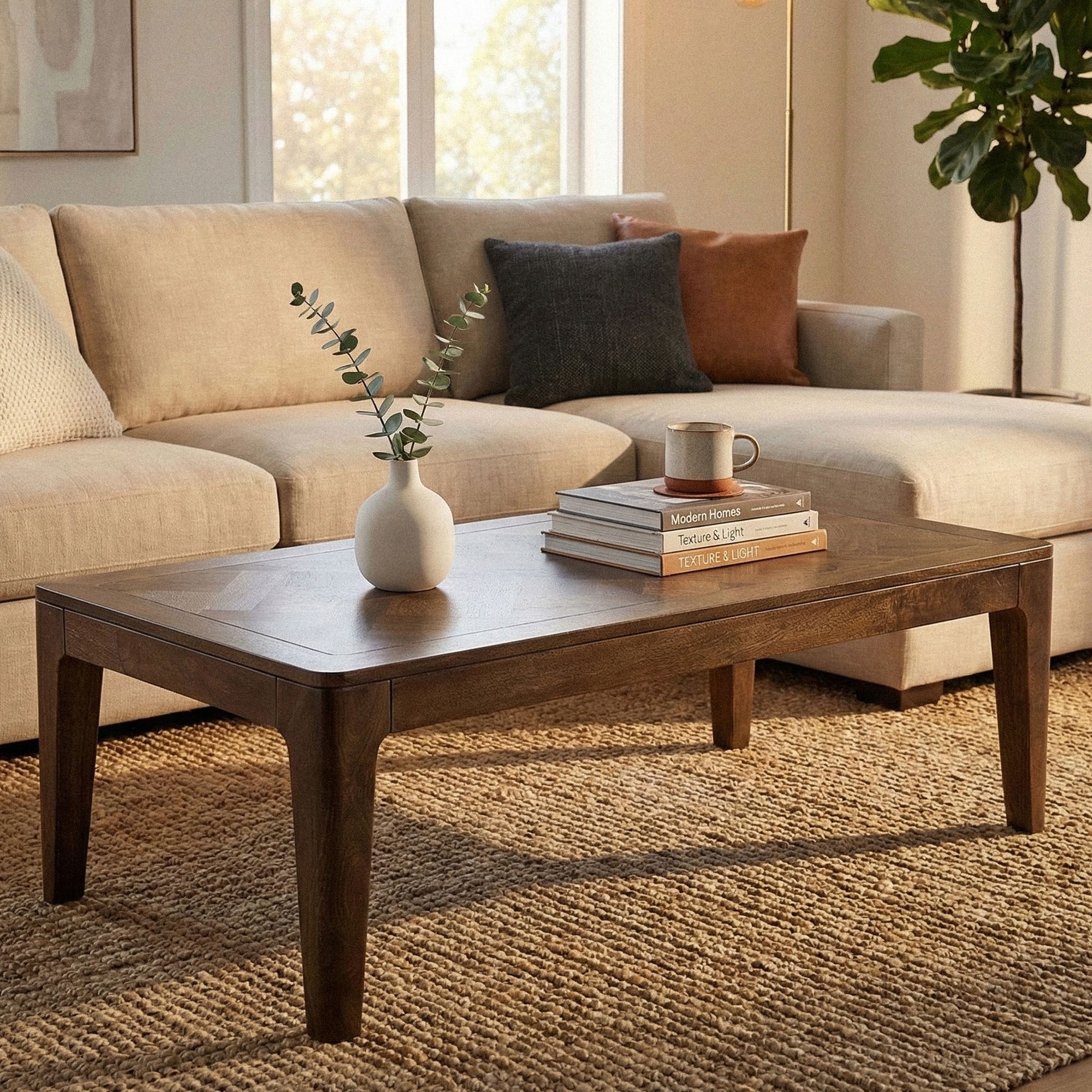 FINEBUY Couchtisch FB77665 Sofatisch 120cm Wohnzimmertisch Loungetisch (Warme Holzoptik mit natürlicher Maserung), Zeitloses Design für stilvolle Wohnräume