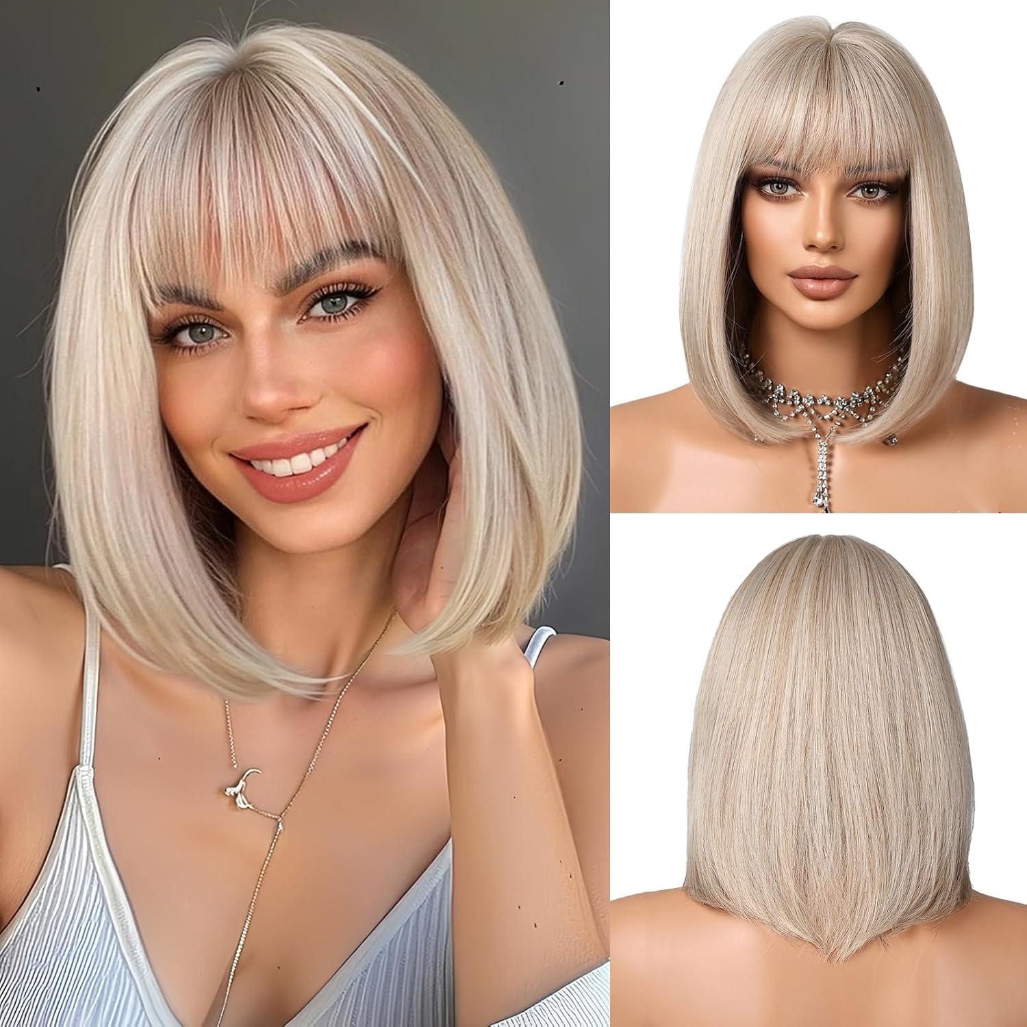 LuxusKollektion Kunsthaarperücke Platinblond Bob Perücke mit Pony Kurz Gerade Synthetisches Haar für