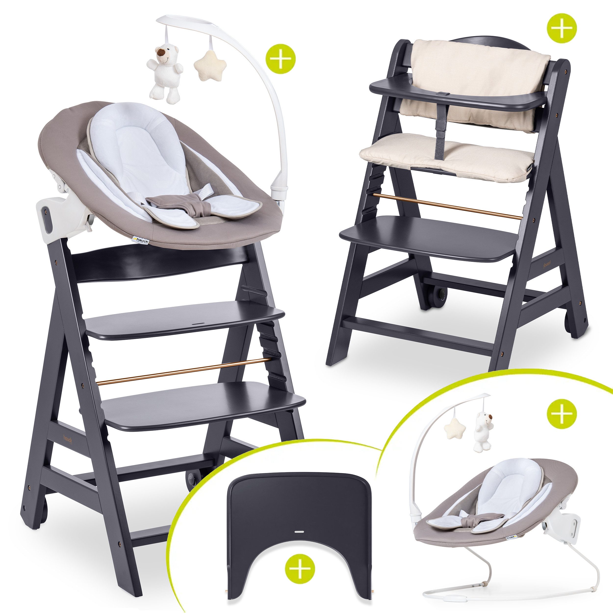 Hauck Hochstuhl Beta Plus Newborn Dark Grey Newborn Set - Deluxe, Holz Babystuhl ab Geburt mit Neugeborenenaufsatz, Sitzkissen, Essbrett