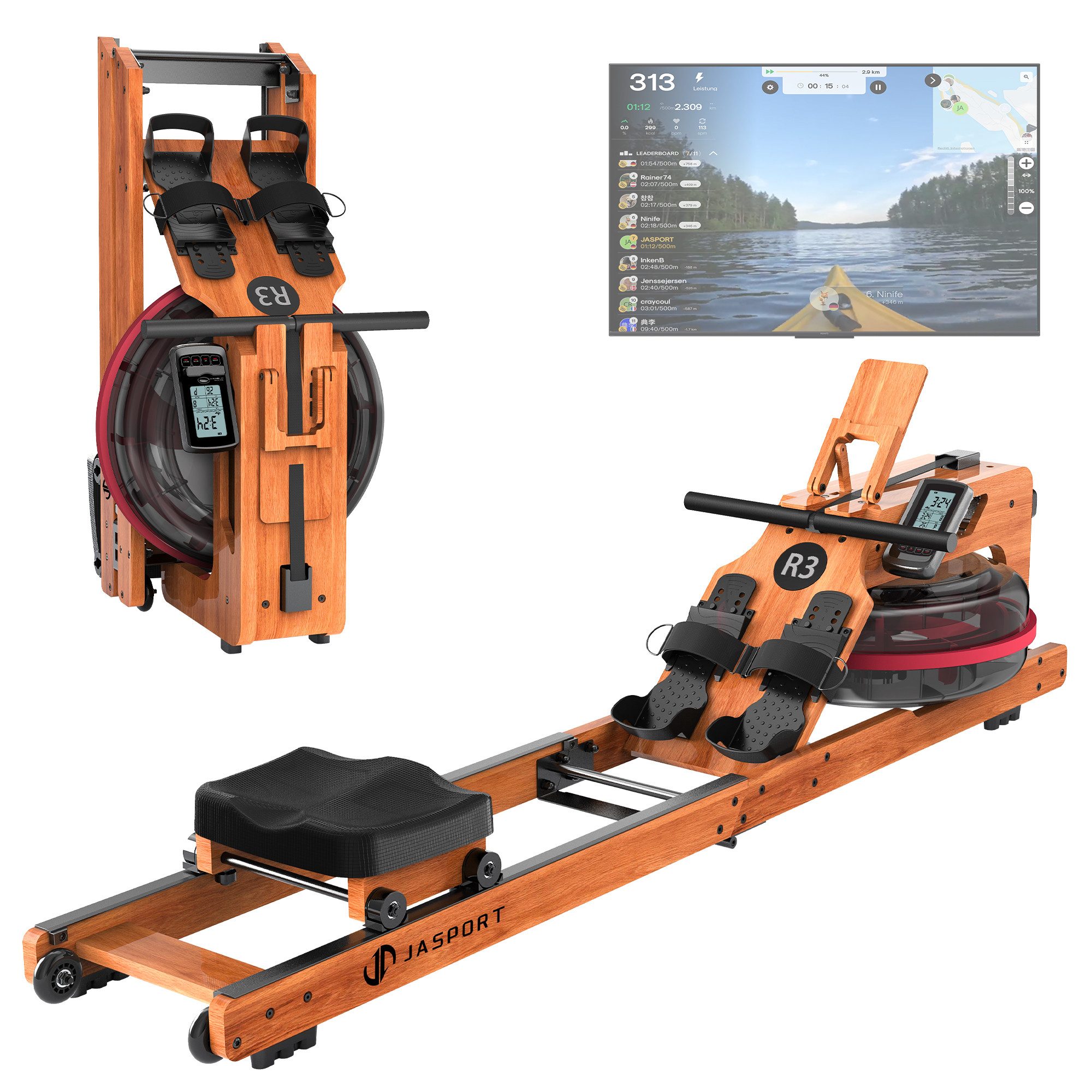JASPORT Rudergerät R3 Wasser-Rudergerät klappbar Eichenholz LCD-Display Kinomap (Klappbares Rudergerät aus Eichenholz, Kinomap kompatibel & LCD-Trainingscomputer), 28-Liter-Wassertank, für Nutzer bis 205 cm, belastbar bis 150 kg