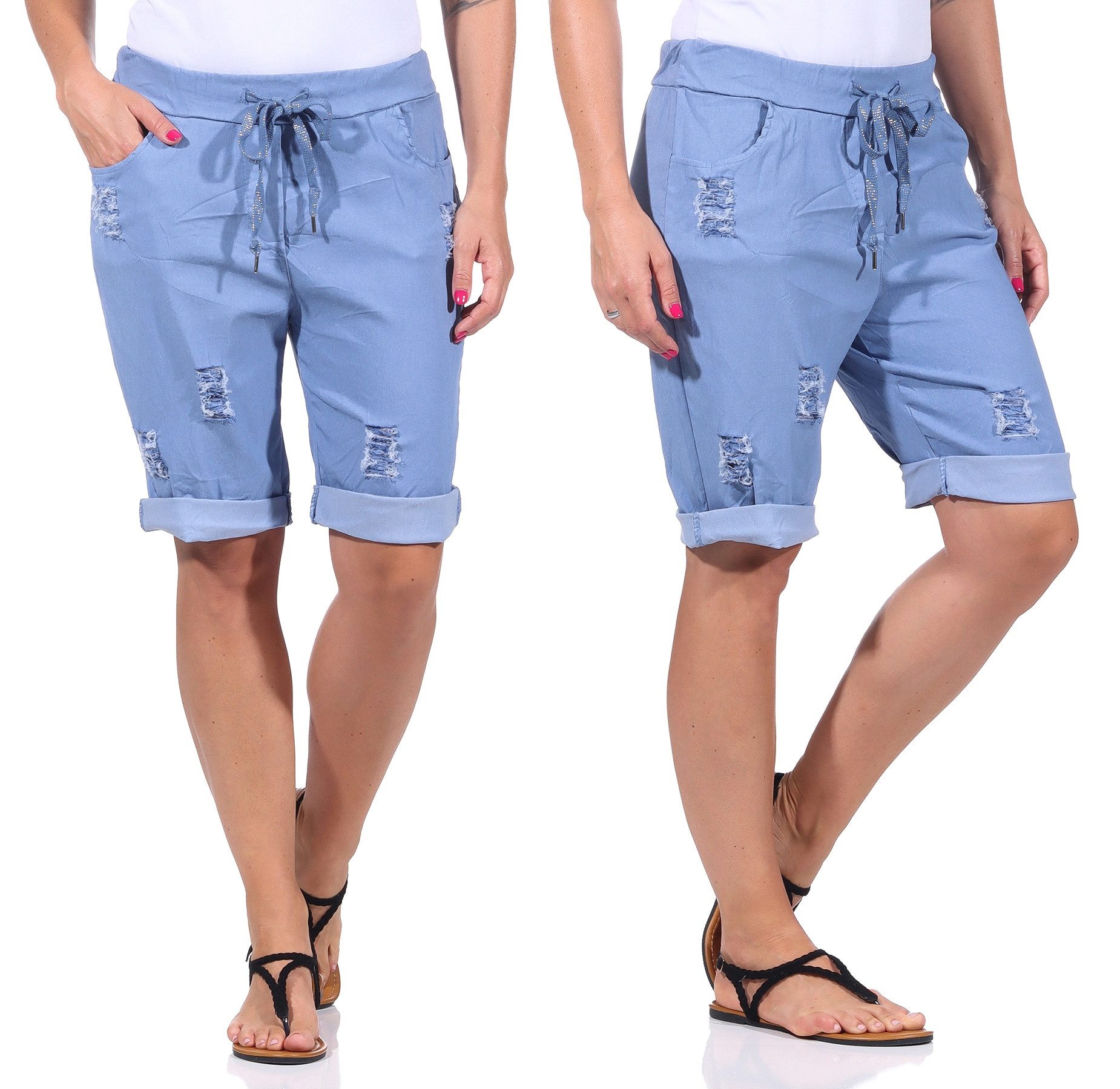 OriginalYou Bermudas Damen Bermuda kurze Sommer Hose im Distressed Look Knitterlook, mit Gummibund & Kordelzug, 38/40 bis 44/46 erhältlich – Bild 4 von 5
