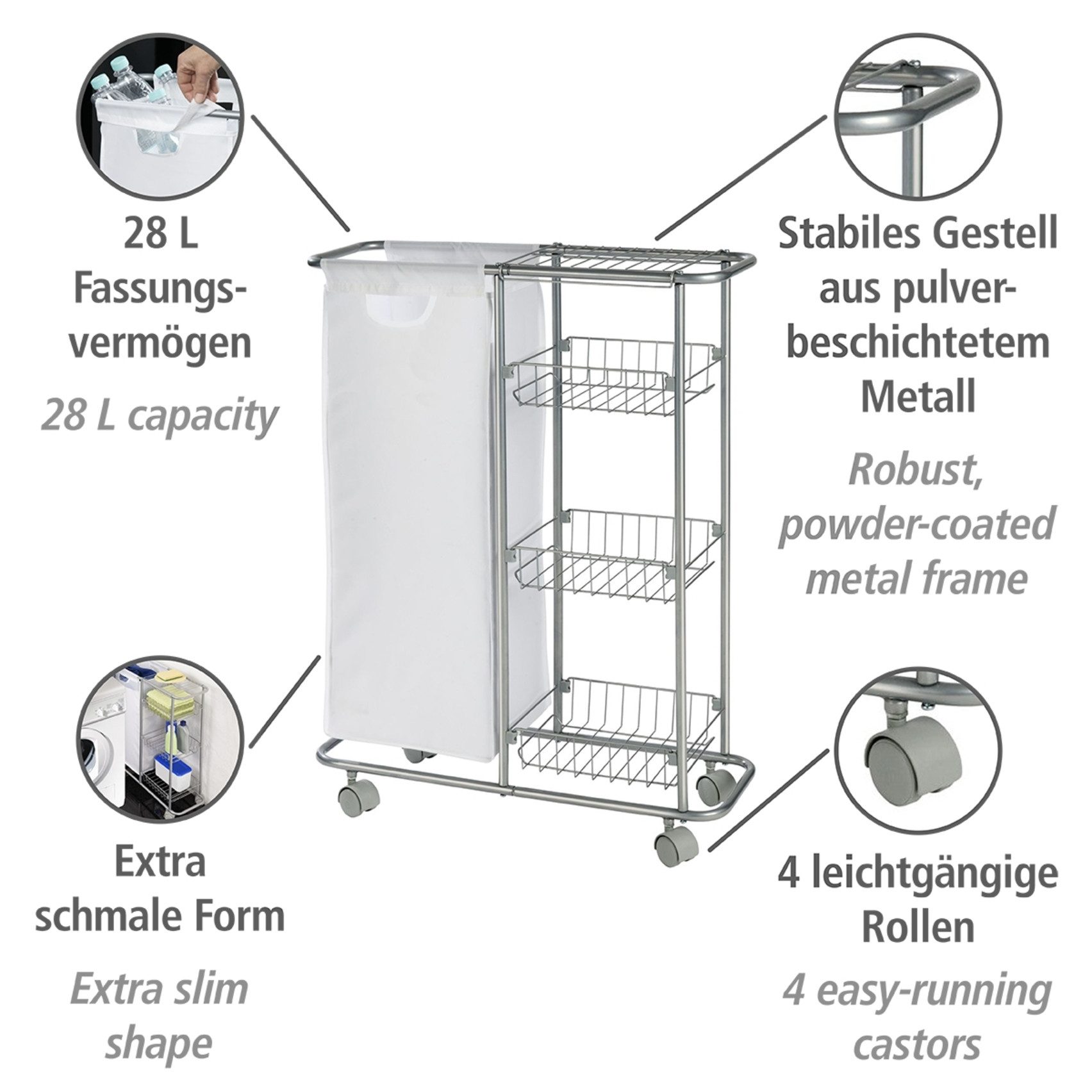 WENKO Ausziehwäschekorb Modell Slim, schmaler Rollwagen, günstig online kaufen