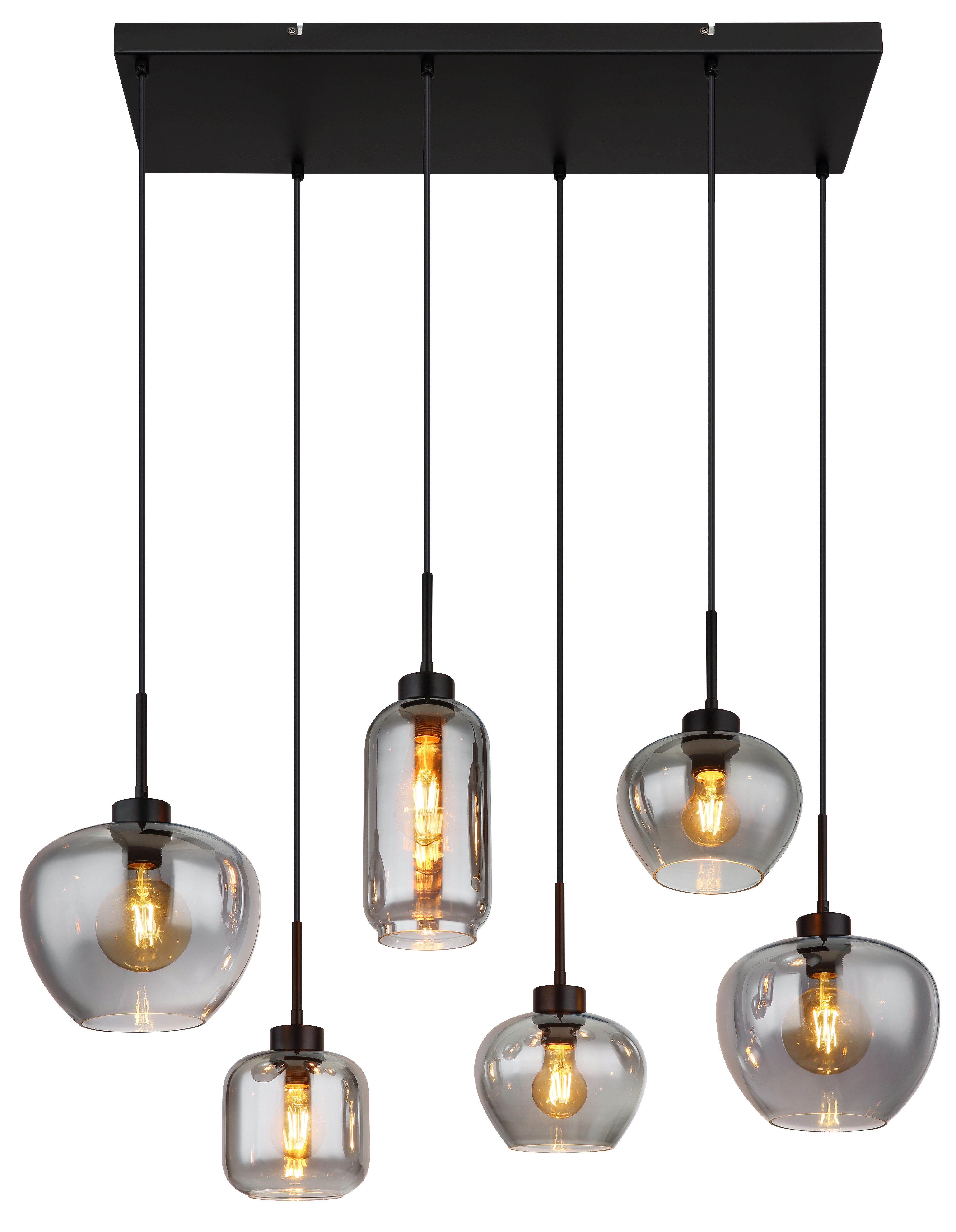 GLOBO LIGHTING Hängeleuchte MATT, ohne Leuchtmittel, Hängeleuchte Schwarz, Rauchglas, 4 Glasformen, höhenkürzbar, E27