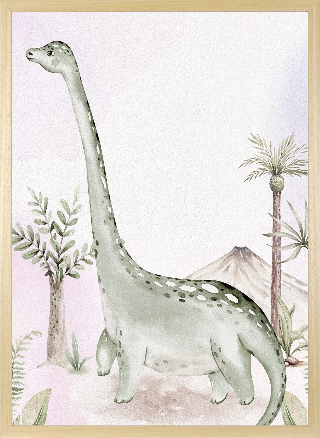 queence Bild mit Rahmen Dino und Vulkan, Baum, Baumbilder, Bäume, Dinosaurier, Landschaft, Tiere (1 St), HD Premium Posterdruck mit Echtholzrahmen