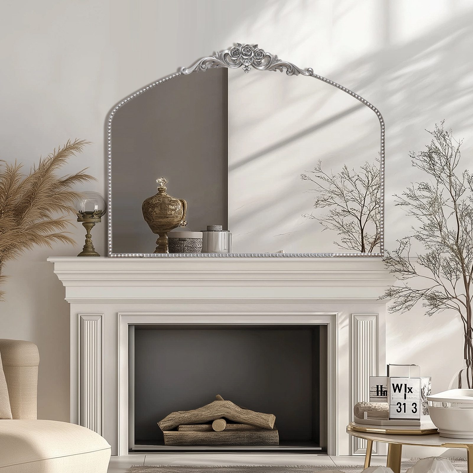 G-LEAF Spiegel Bogen-Wandspiegel, antiker Spiegel im Barockstil, mit Perlenverzierung (1-St), für Eingangsbereich, Badezimmer oder Schlafzimmer, Vintage-Silber