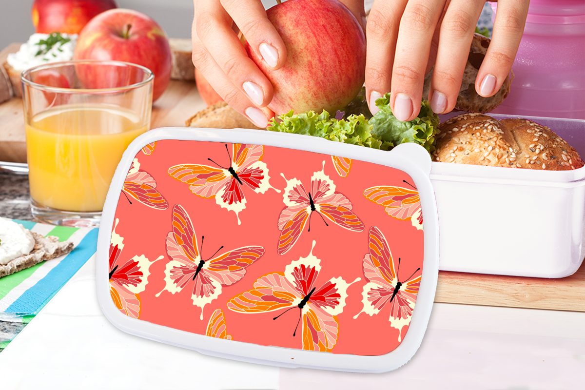 Brotbox Mädchen und Schmetterlinge Rosa, - Kunststoff, für für Kinder MuchoWow Brotdose, (2-tlg), Jungs - Erwachsene, weiß und Lunchbox Muster