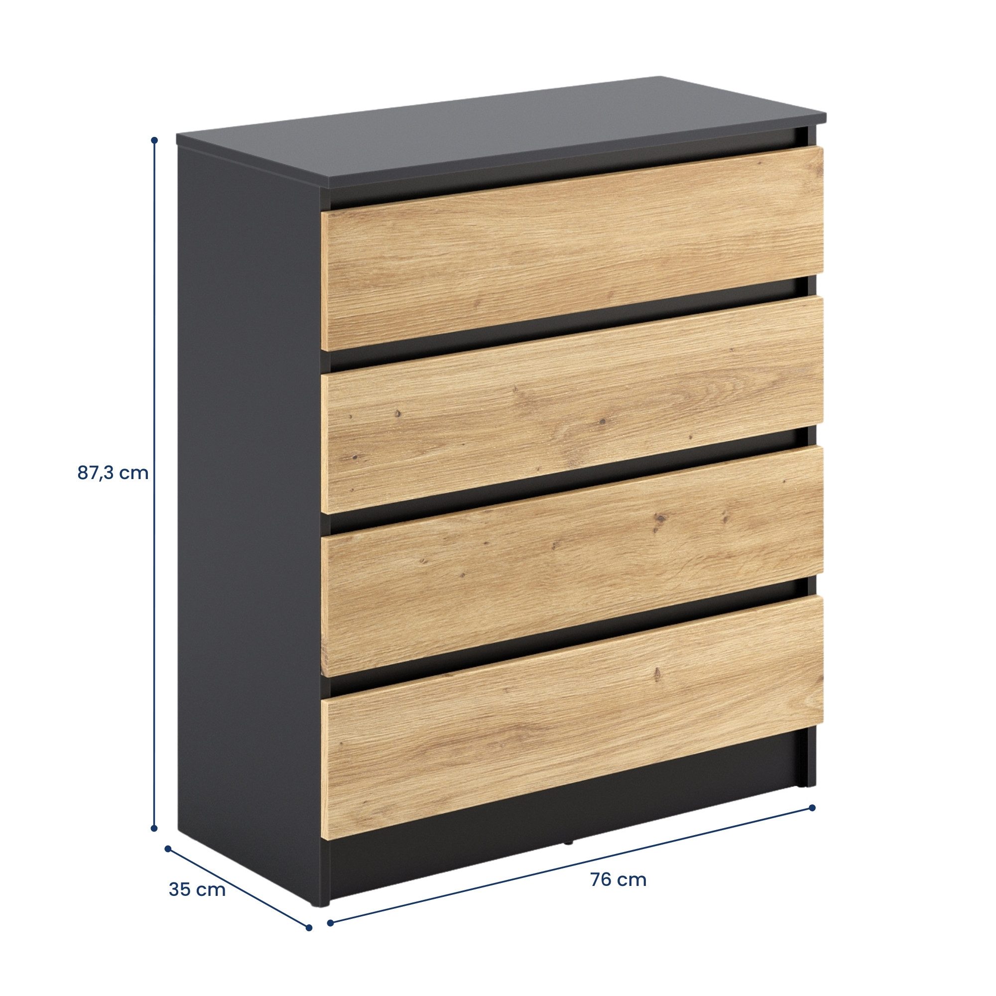 Home Collective Kommode mit 4 Schubladen Kommode schmal Holz Schrank (Highboard Anrichte Schlafzimmer Wohnzimmer Flur Büro Organizer), Kommode 76 cm breit Schrank mit Schubladen Anthrazit / Artisan Eiche